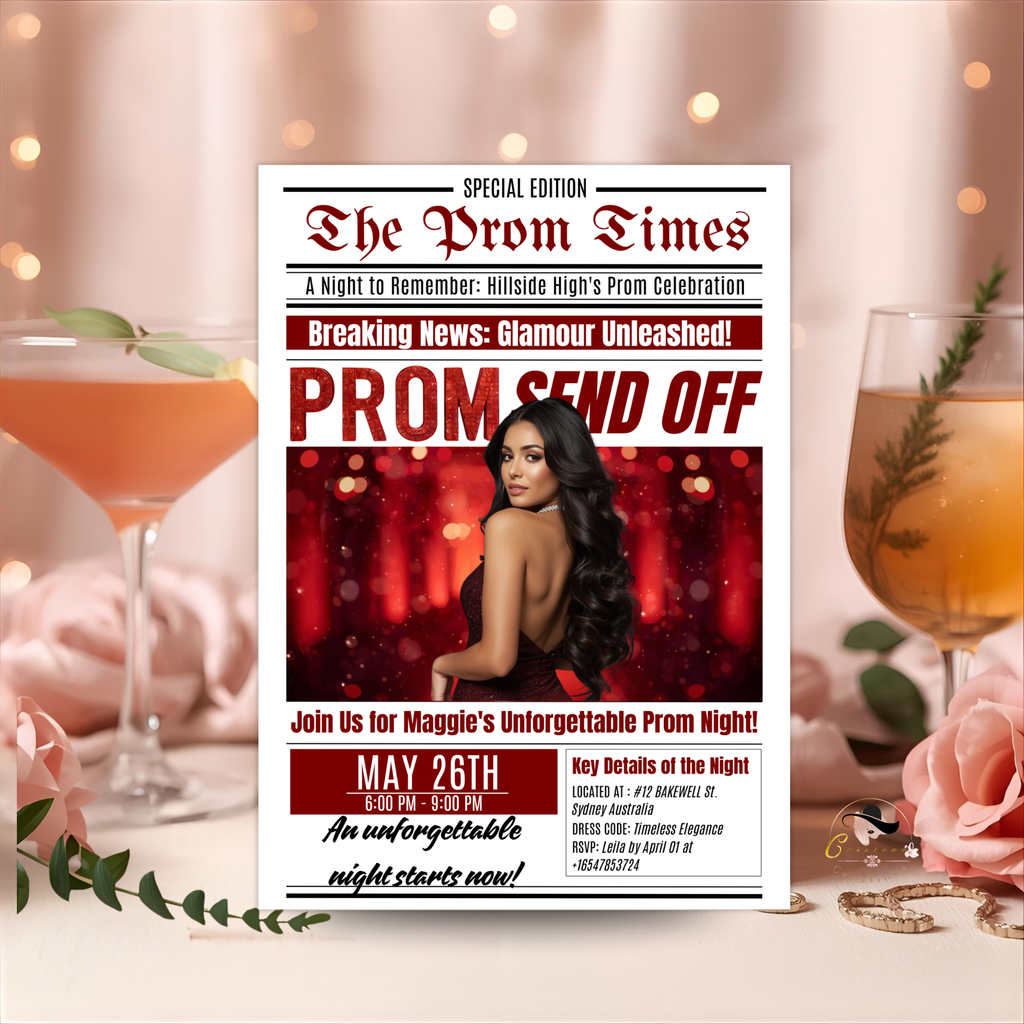 Newspaper Prom Send Off Invitation, Red Prom Queen with photo invite, Teen Boy Prom Night Party Flyer, Highschool Digital Printable Template