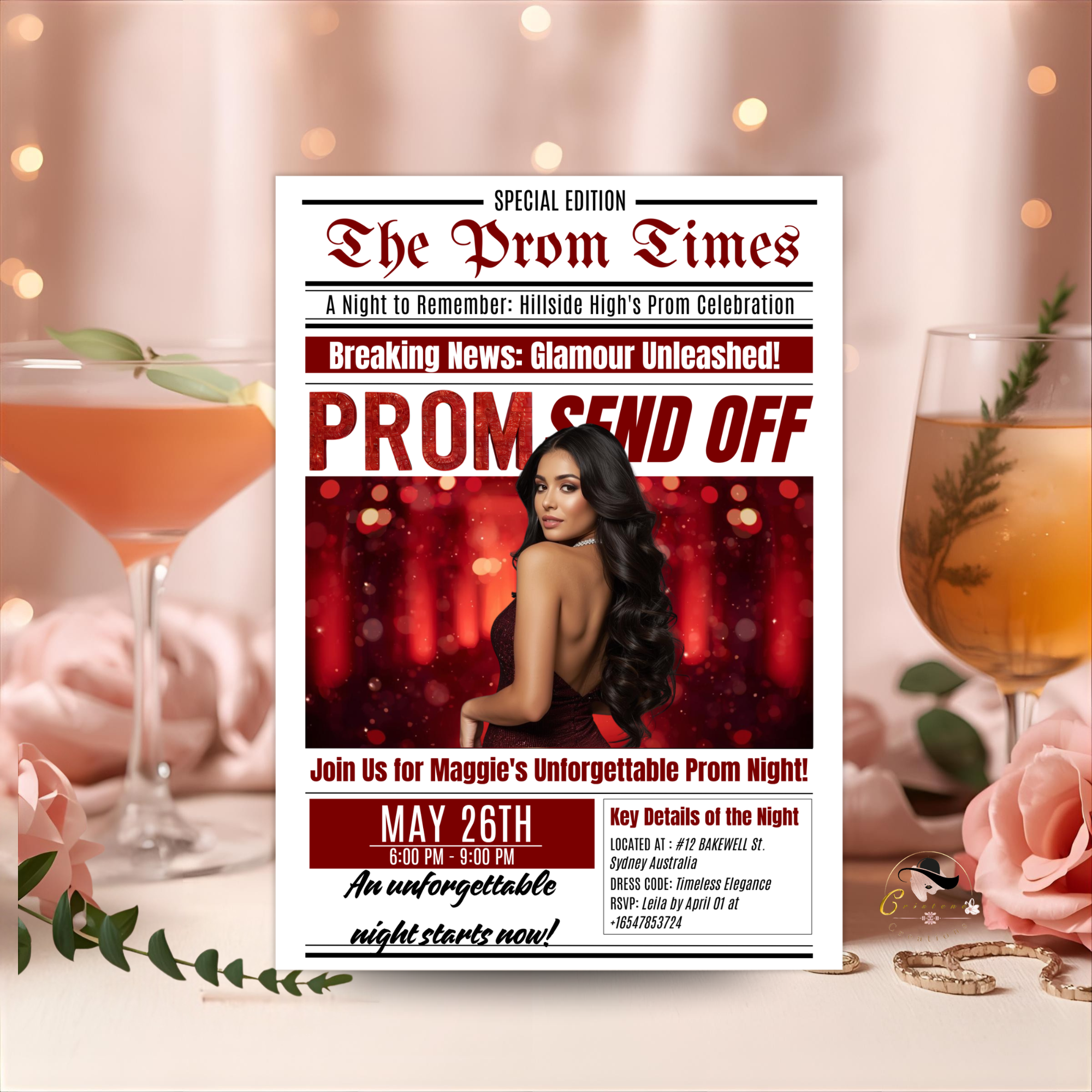 Newspaper Prom Send Off Invitation, Red Prom Queen with photo invite, Teen Boy Prom Night Party Flyer, Highschool Digital Printable Template