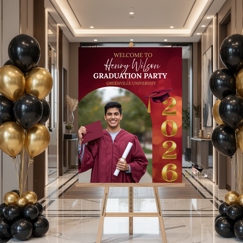 Maroon Graduation Welcome Party Sign, Senior Grad Poster Sign with photo, Class 2026 Woman Man High School Graduate Sign, Printable Template