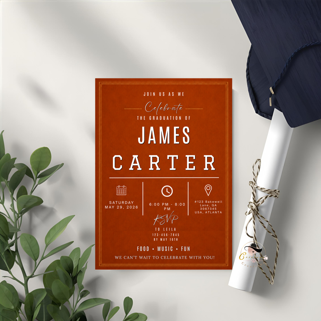 Orange Graduation Announcement Invitation with Photo for Him, Class of 2026 Senior Grad Party Invite, Boy Grad Dinner, Printable Template