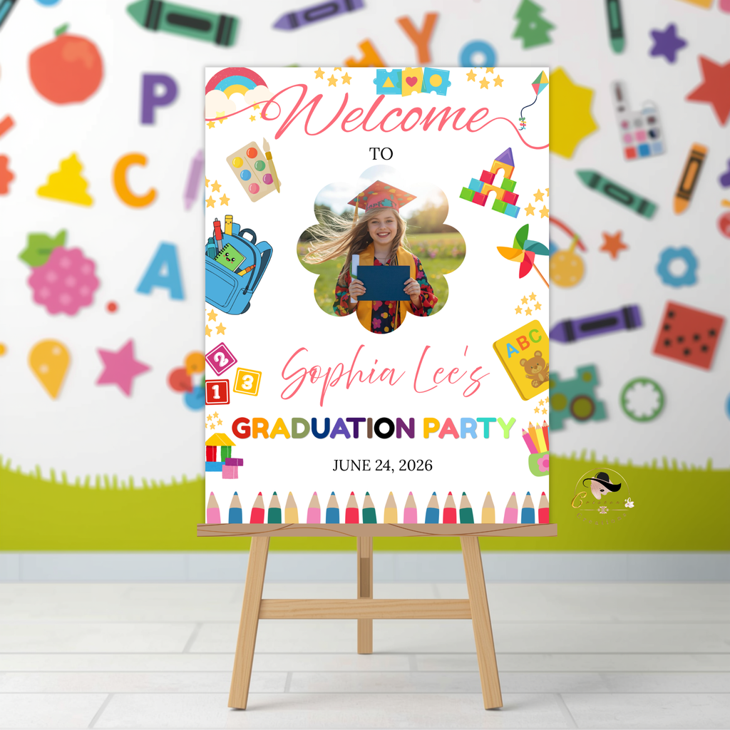 Preschool Graduation Welcome Sign with Photo, Pre-K Kindergarten Class of 2026 Party Poster, Kids Grad Editable Canva Printable Template