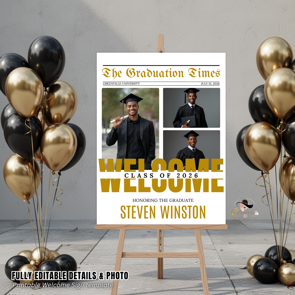 Newspaper Graduation Welcome Party Sign, Boy Senior Grad Announcement Sign with photo, 2026 High School Graduates Sign, Printable Template