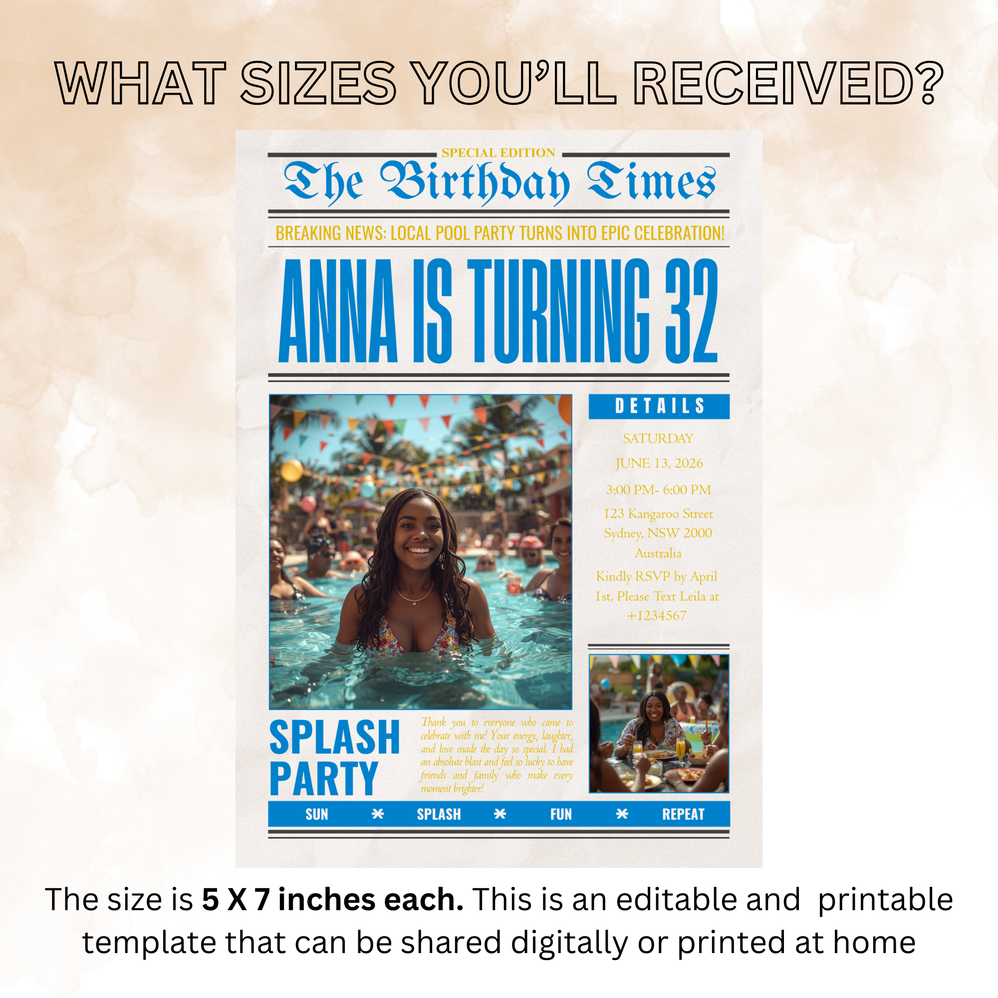 Newspaper Birthday Pool Party Invitation with Photo, Tropical Aloha Hawaiian Luau Adult Summer Party Invite, Printable Digital Template