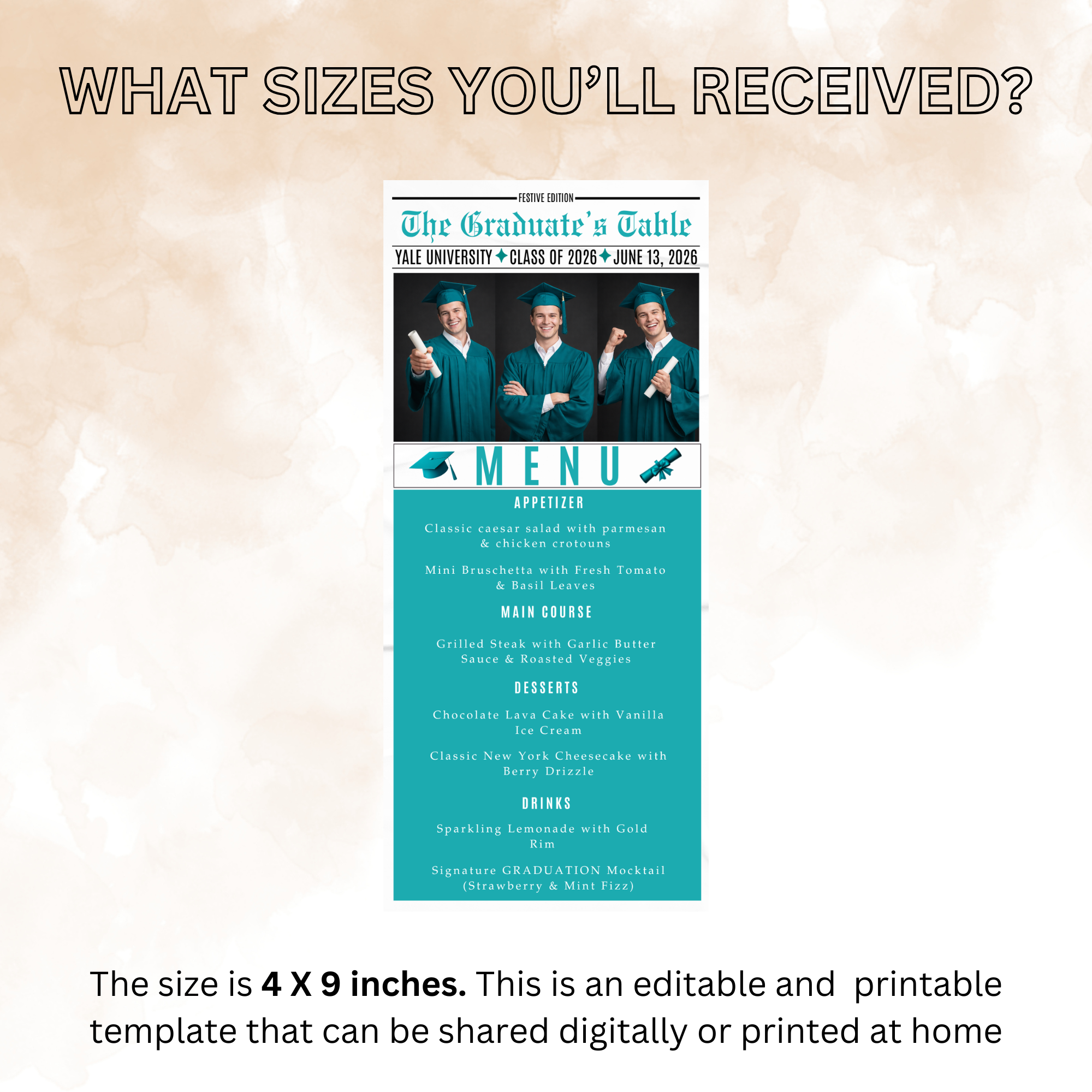 Teal Graduation Newspaper Menu Template with Photo, Senior Grad Party Dinner Menu for High School College, Girl Boy Canva Printable Card