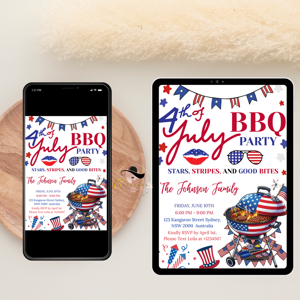 4th of July BBQ Party Invitation, Patriotic Cookout Party Invite, Independence Day Fireworks, Red White Blue Printable Digital Template