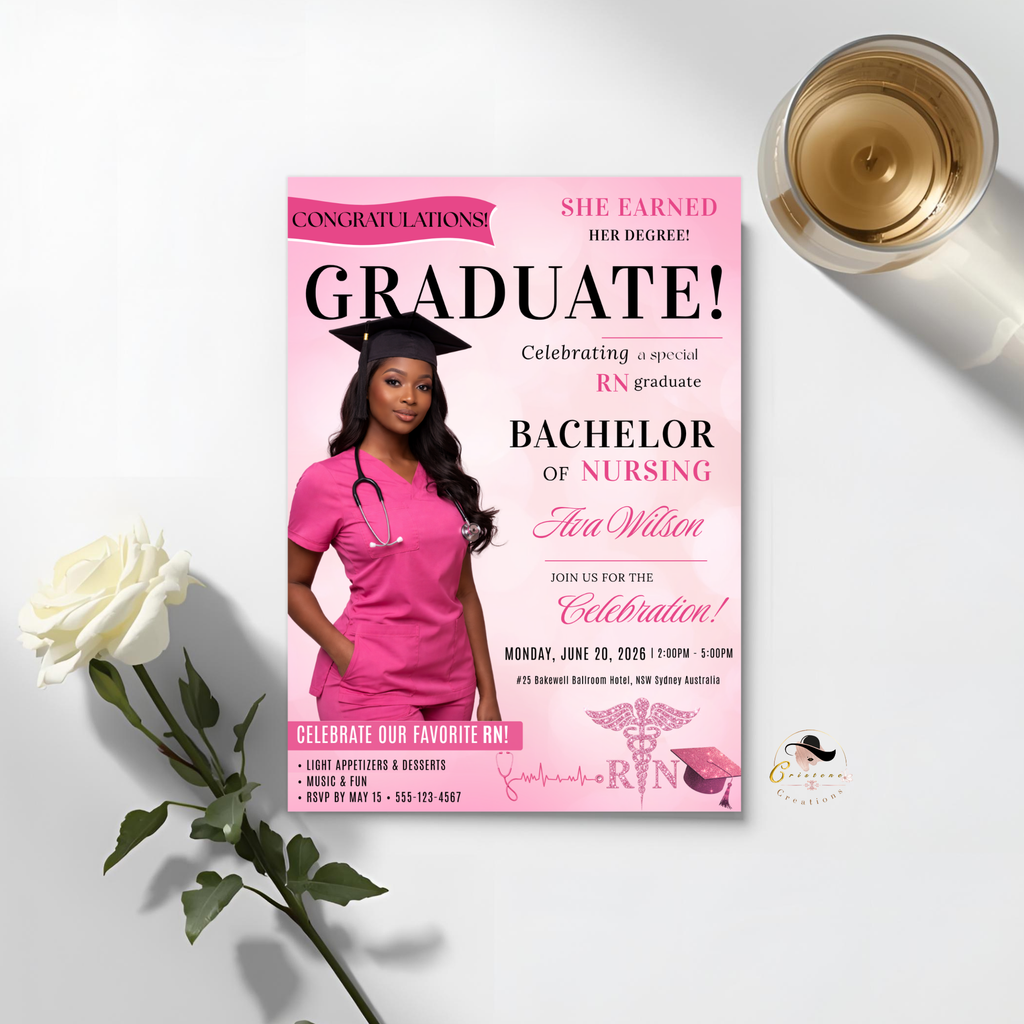 Nurse Graduation Invitation with Photo, Pink Magazine Style RN BSN Pinning Ceremony Invite, Canva Digital Printable Flyer Template