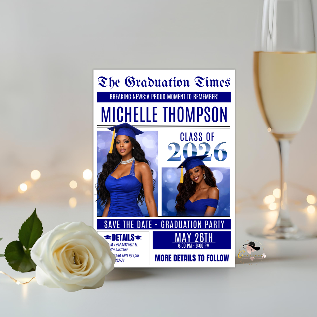 Blue Newspaper Graduation Save the Date Invitation with Photo, Senior Grad Party Invite, Class 2026 Boy Girl, Digital Printable Template
