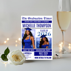 Blue Newspaper Graduation Save the Date Invitation with Photo, Senior Grad Party Invite, Class 2026 Boy Girl, Digital Printable Template