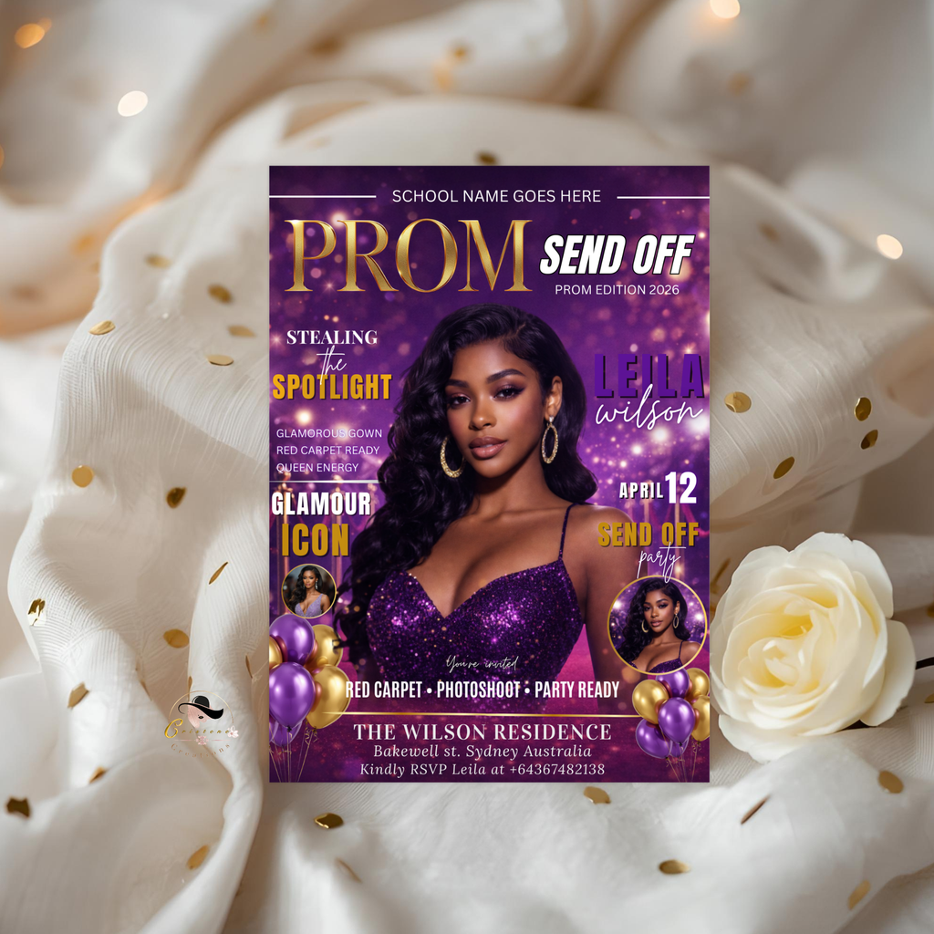 Purple Gold Prom Send Off Party Invitation, Prom Queen with photo invite, Girls Prom Night Flyer, Magazine Cover, Digital Printable Template