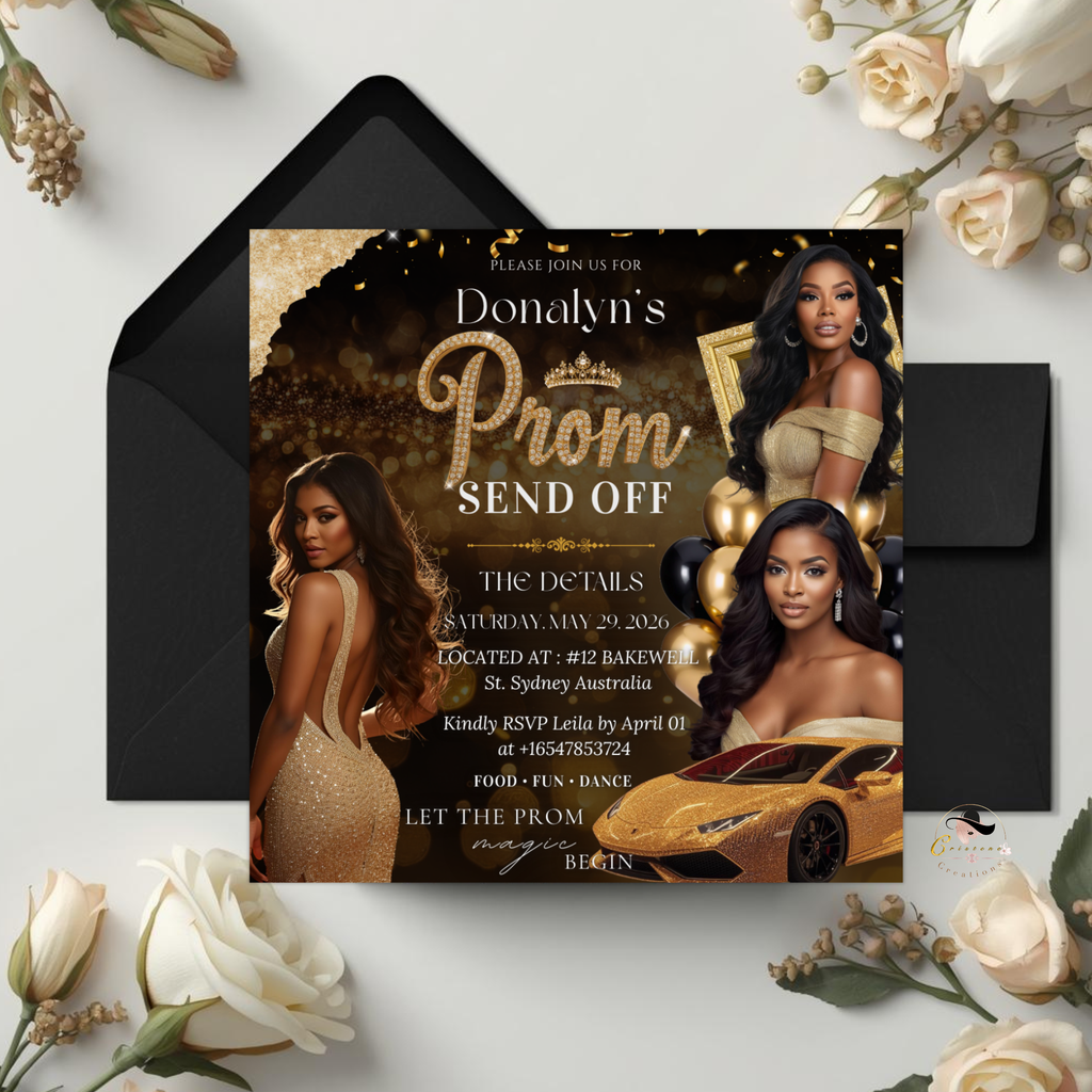 Black Gold Prom Send Off Party Invitation, Prom Queen with photo invite, Woman Prom Night Flyer, Elegant Prom, Digital Printable Template