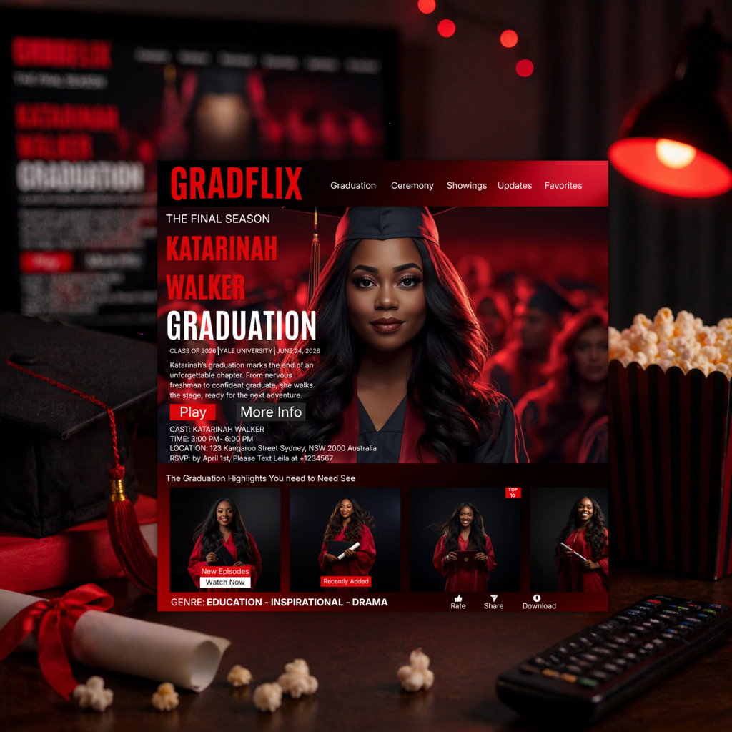 Graduation Invitation with Photo Movie Theme, Red Streaming Style Grad Party Invite, Class of 2026 Flyer, Editable Canva Printable Template