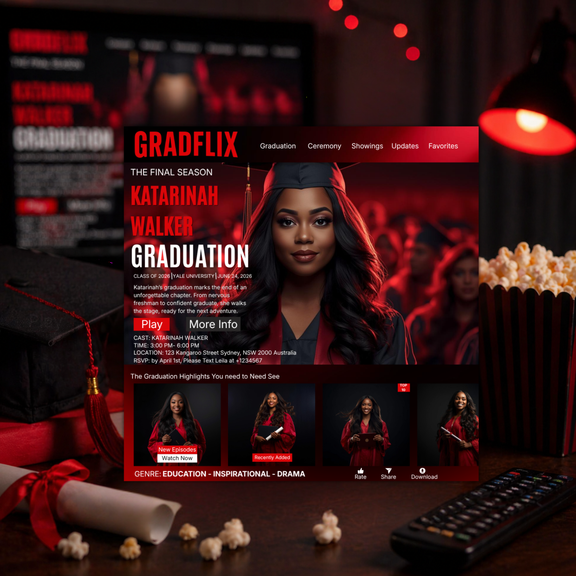 Graduation Invitation with Photo Movie Theme, Red Streaming Style Grad Party Invite, Class of 2026 Flyer, Editable Canva Printable Template