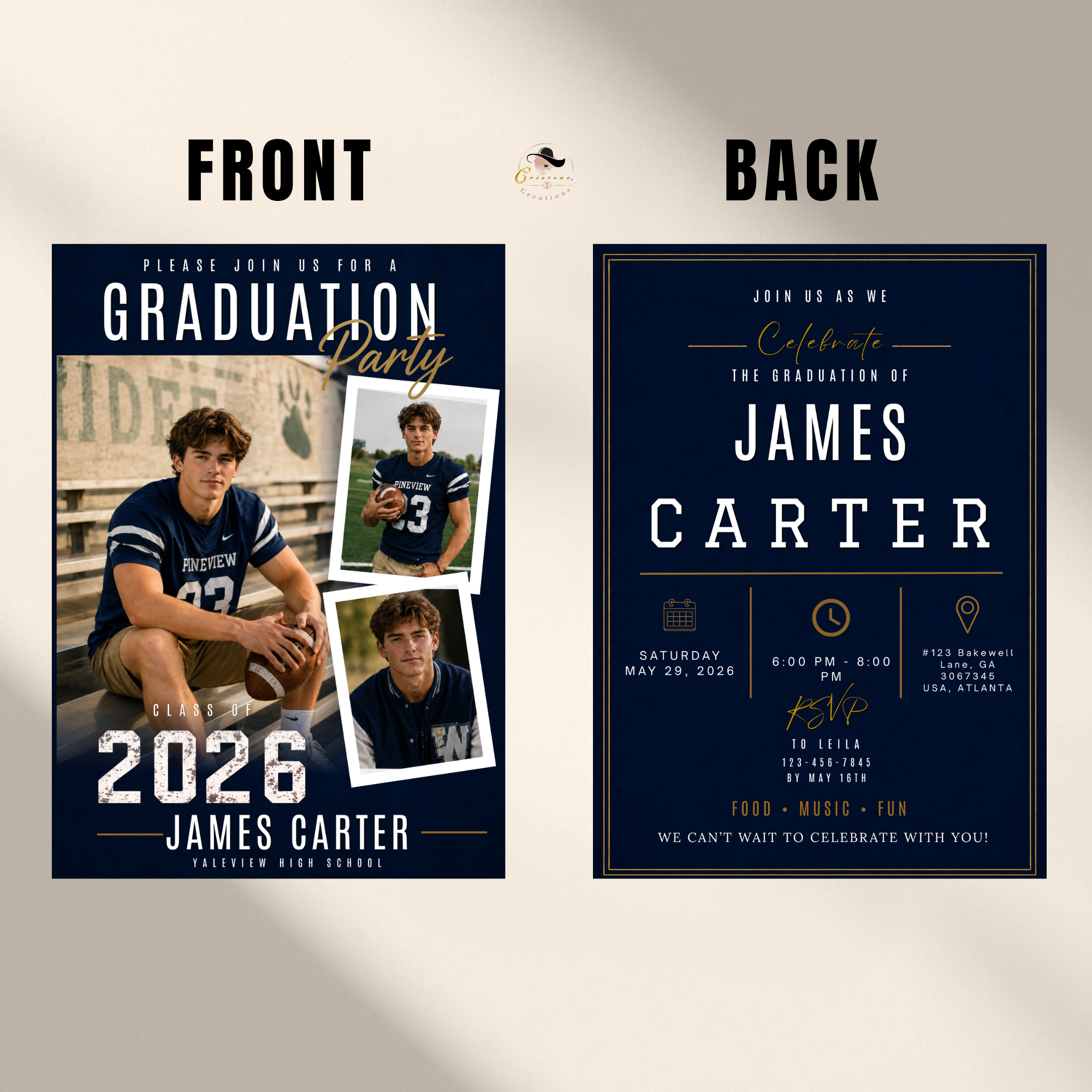 Blue Graduation Announcement Invitation with Photo for Him, Class of 2026 High School College Grad Party Invite, Printable Template