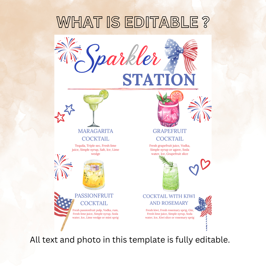 4th of July Signature Drinks Bar Menu Sign, Patriotic Red White Blue, Fourth of July Cocktails Sign Printable Canva Template