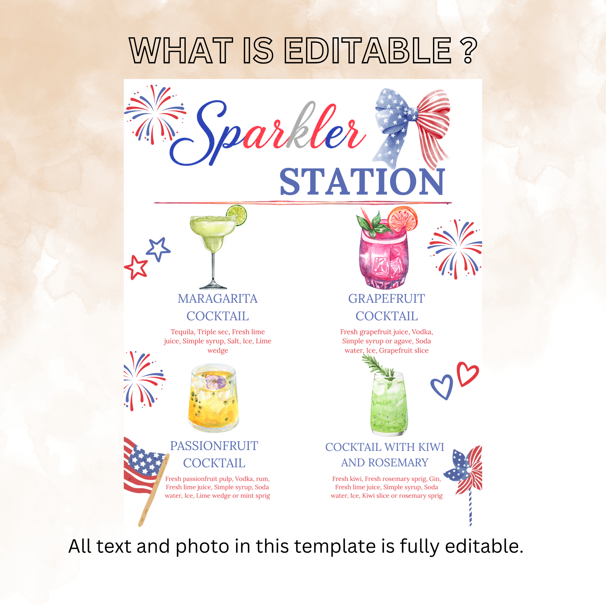 4th of July Signature Drinks Bar Menu Sign, Patriotic Red White Blue, Fourth of July Cocktails Sign Printable Canva Template