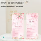 Baby Shower Menu and Program Template, Pink Wildflower Bow Coquette Theme, Baby Girl Shower Itinerary Card Editable Canva Printable Template