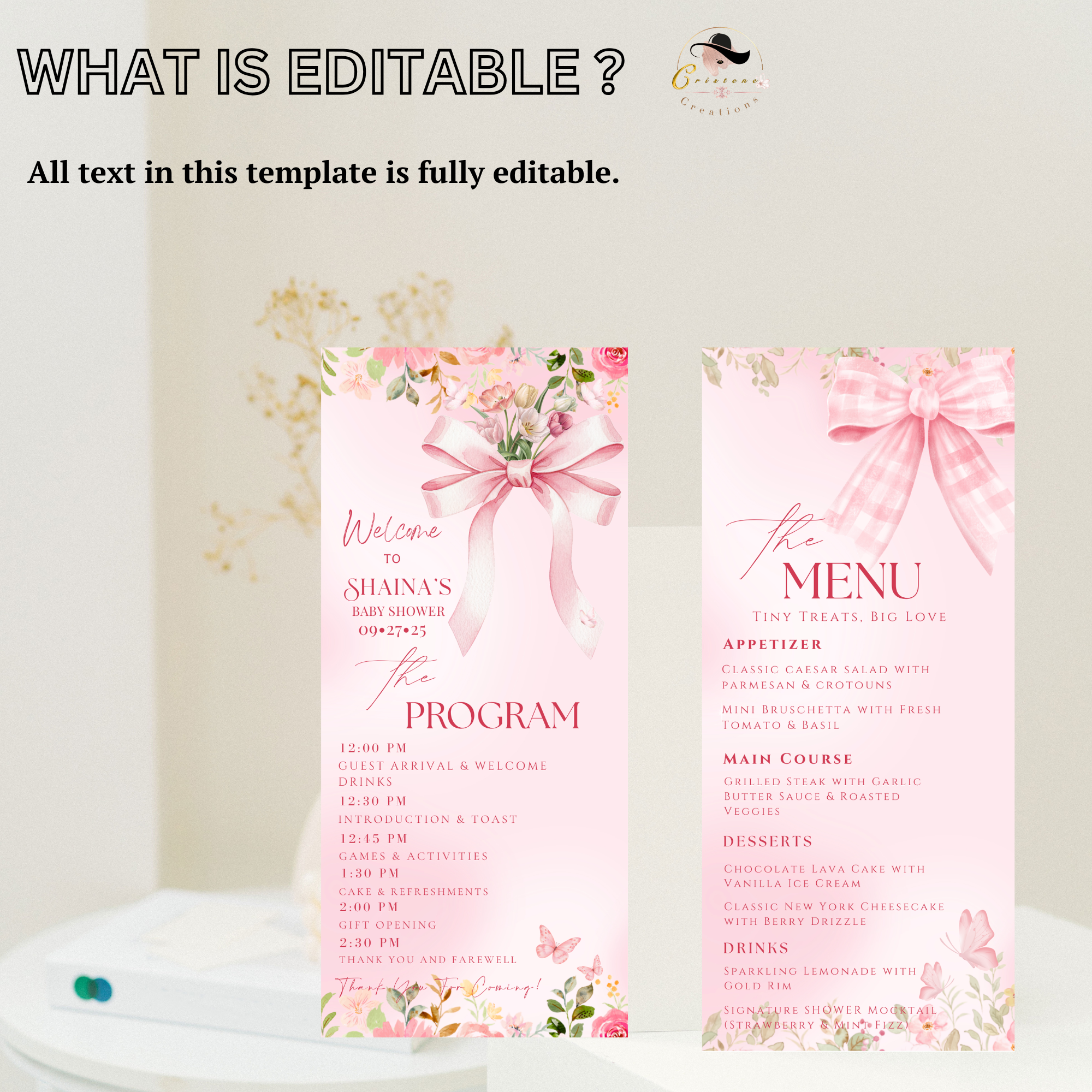 Baby Shower Menu and Program Template, Pink Wildflower Bow Coquette Theme, Baby Girl Shower Itinerary Card Editable Canva Printable Template