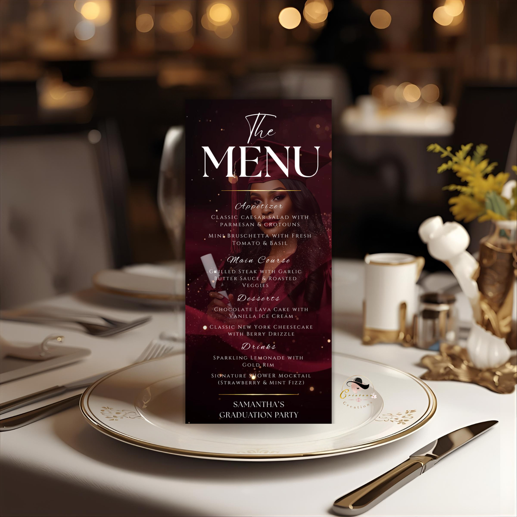 Graduation Menu Template with Photo, Class of 2026 Menu Card, High School College Grad Party Menu, Maroon Editable Canva, Printable Menu