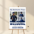 Newspaper Graduation Welcome Party Sign, Boy Senior Grad Announcement Sign with photo, Class 2026 Men Graduates Sign Blue Printable Template