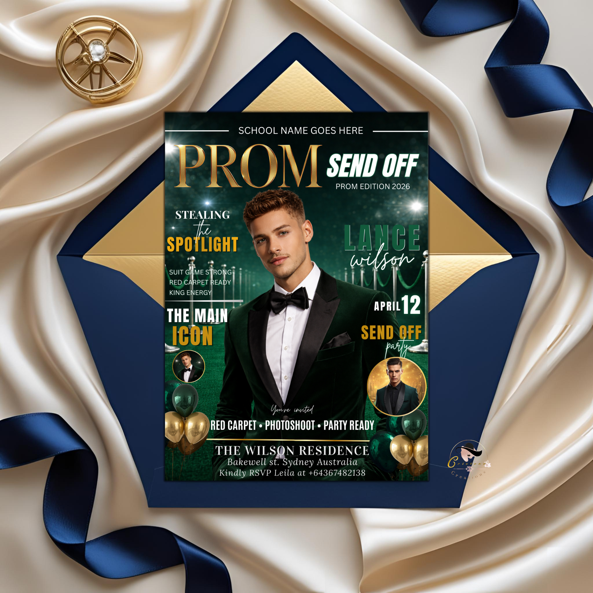 Boy Prom Send Off Party Invitation, Prom King with photo invite, Green Prom Night Flyer Card, High School Prom Digital Printable Template