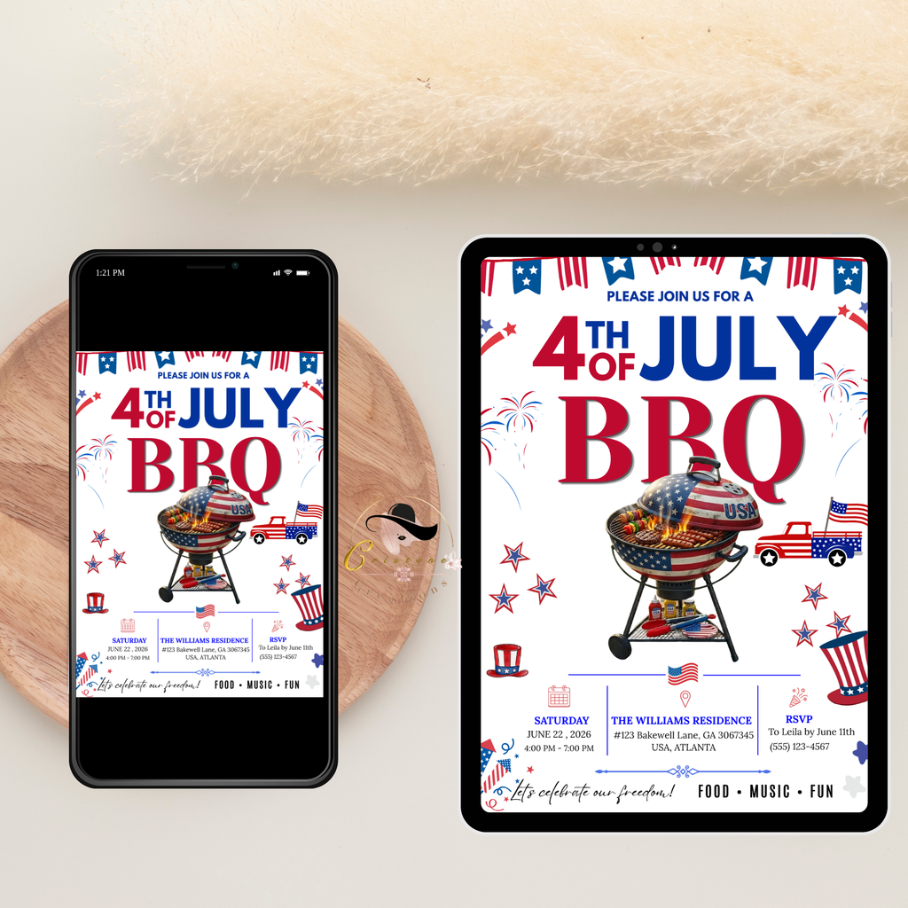 4th of July BBQ Cookout Invitation, Independence Day Patriotic Fireworks Party Invite, Red White Blue Printable Digital Template