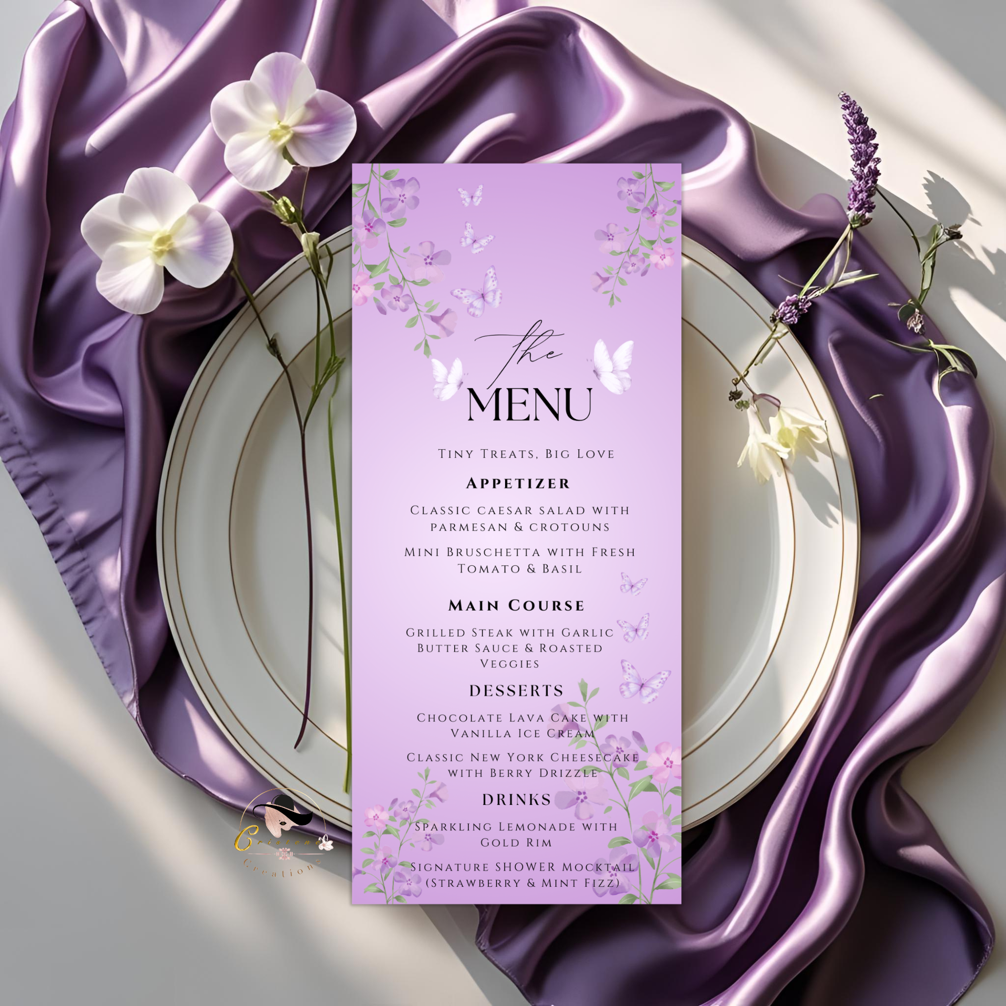 Wildflower Baby Shower Menu and Program Template, Baby In Bloom Menu Card Purple Butterfly Themed, Order Of Events, Canva Printable Template