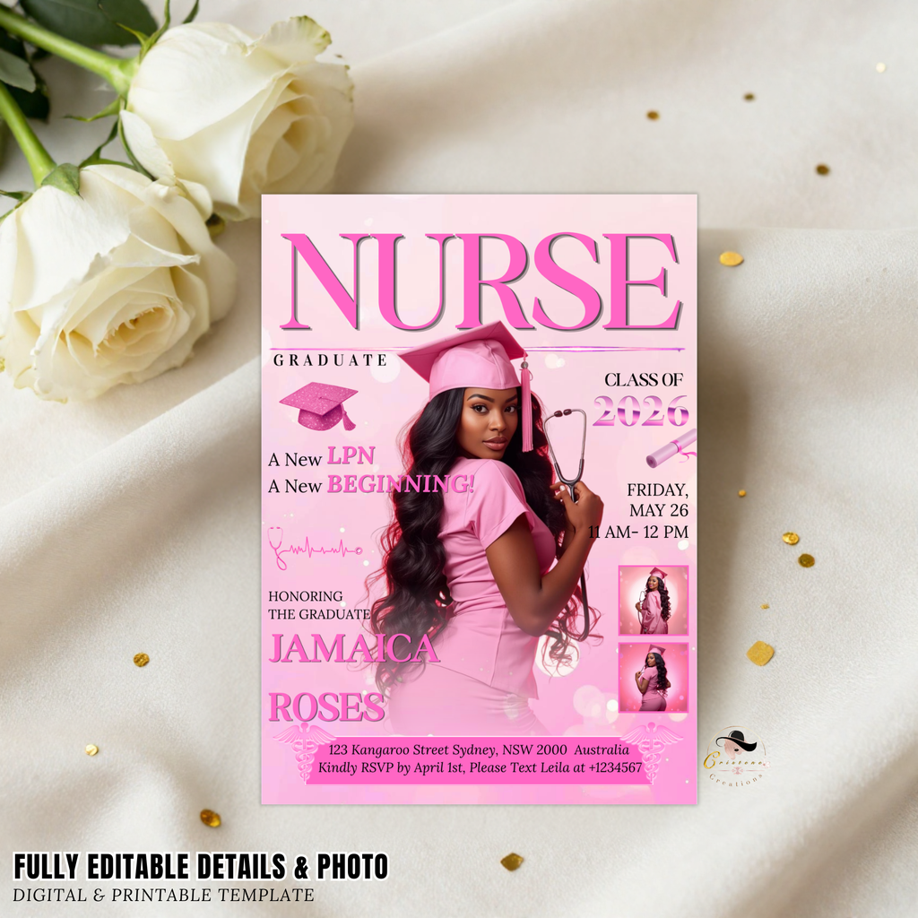 LPN Nurse Graduation Invitation with Photo, Pink Nurse Pinning Ceremony Invite, Nursing Flyer Card, Editable Canva Printable Template