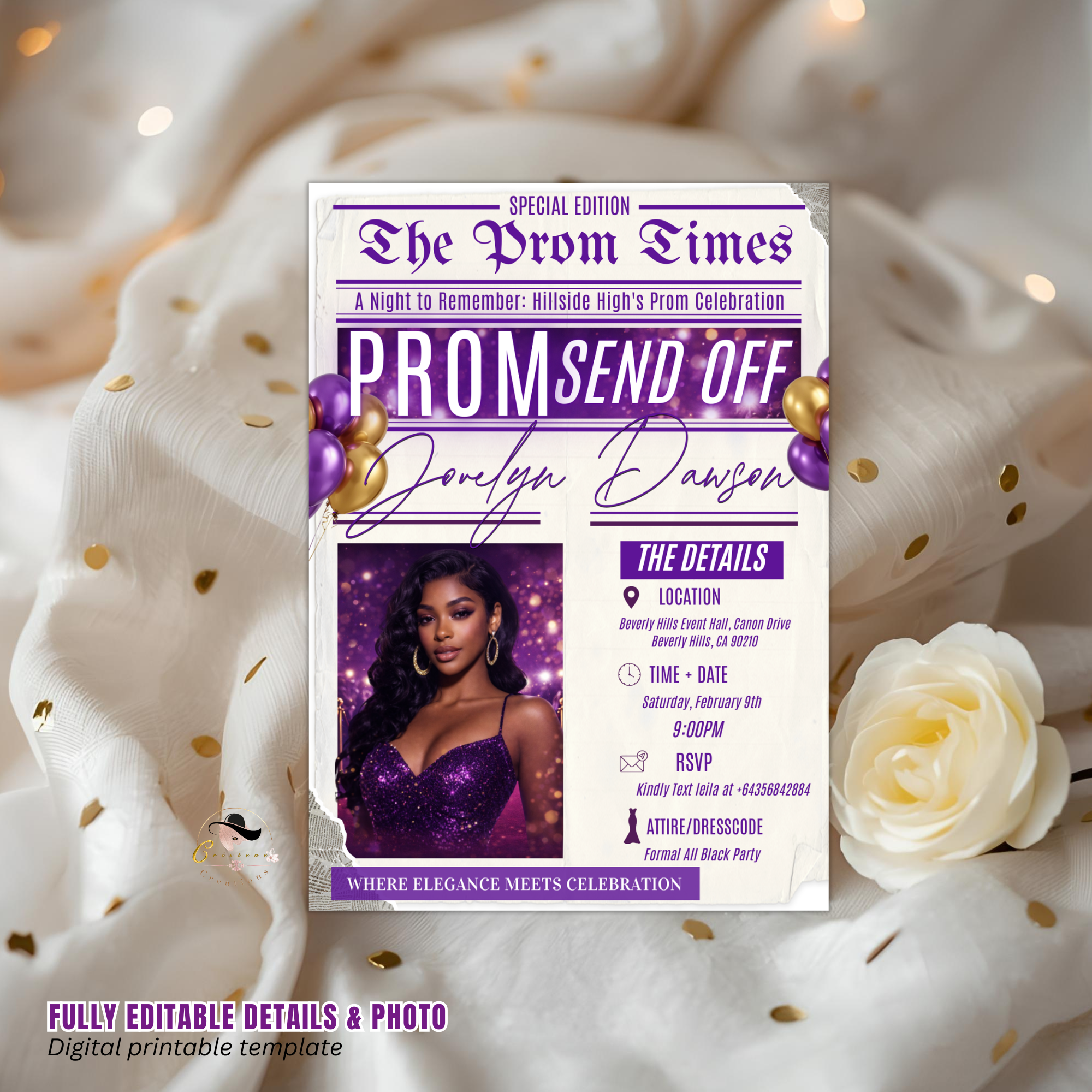 Newspaper Prom Send Off Party Invitation, Purple Prom Queen with photo invite, Girls Prom Night Flyer Card, Digital Printable Template
