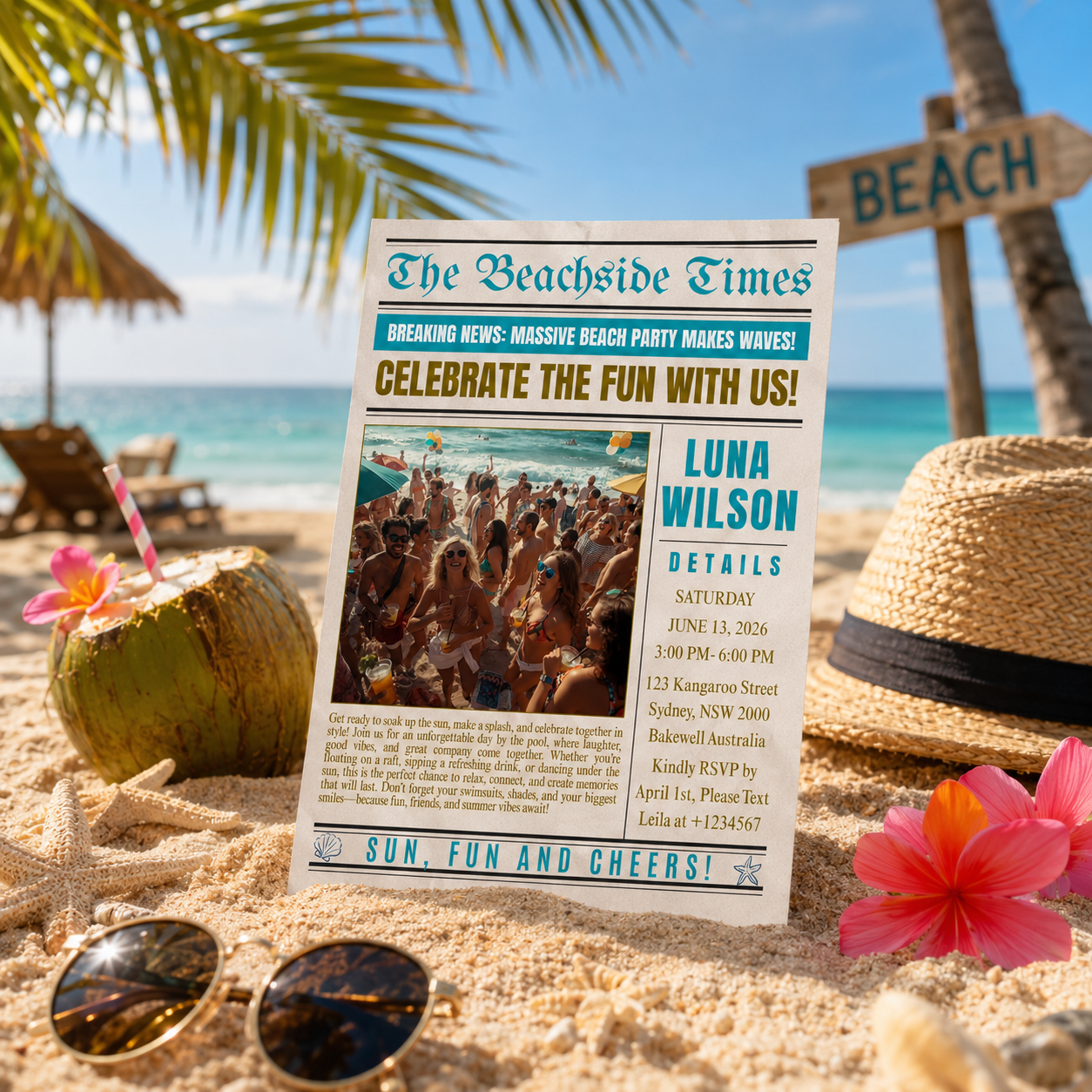 Newspaper Beach Party Invitation with Photo, Tropical Summer Birthday Invite, Adult Beach Celebration, Printable Editable Canva Template