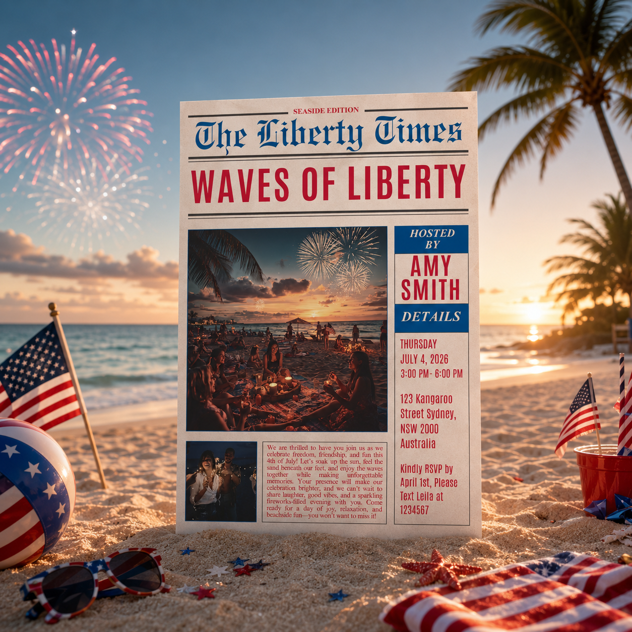 4th of July Beach Party Invitation, Patriotic Summer Fireworks Invite, Fourth Of July Birthday Invite, Digital Printable Editable Template