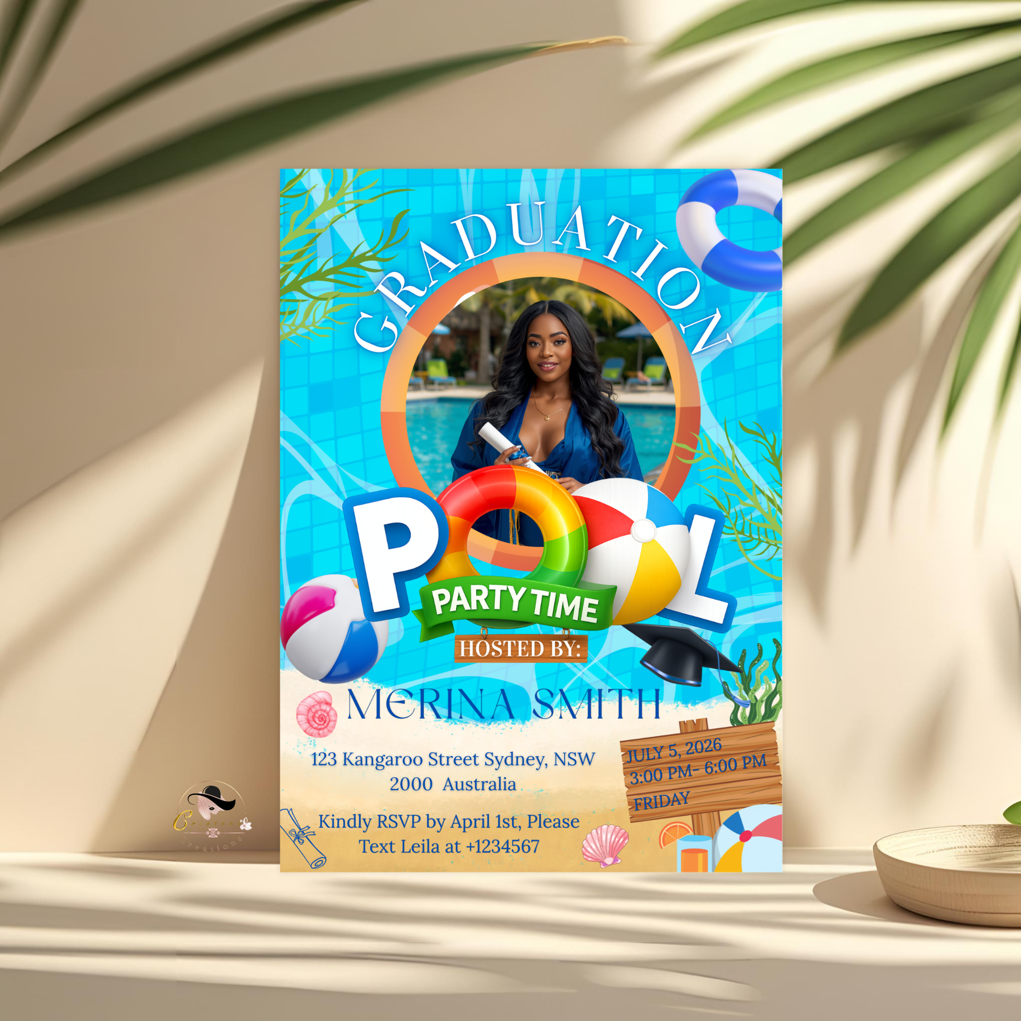 Graduation Pool Party Invitation with Photo, Senior High School College Grad Party Invite for Him and Her Class 2026 Editable Canva Template