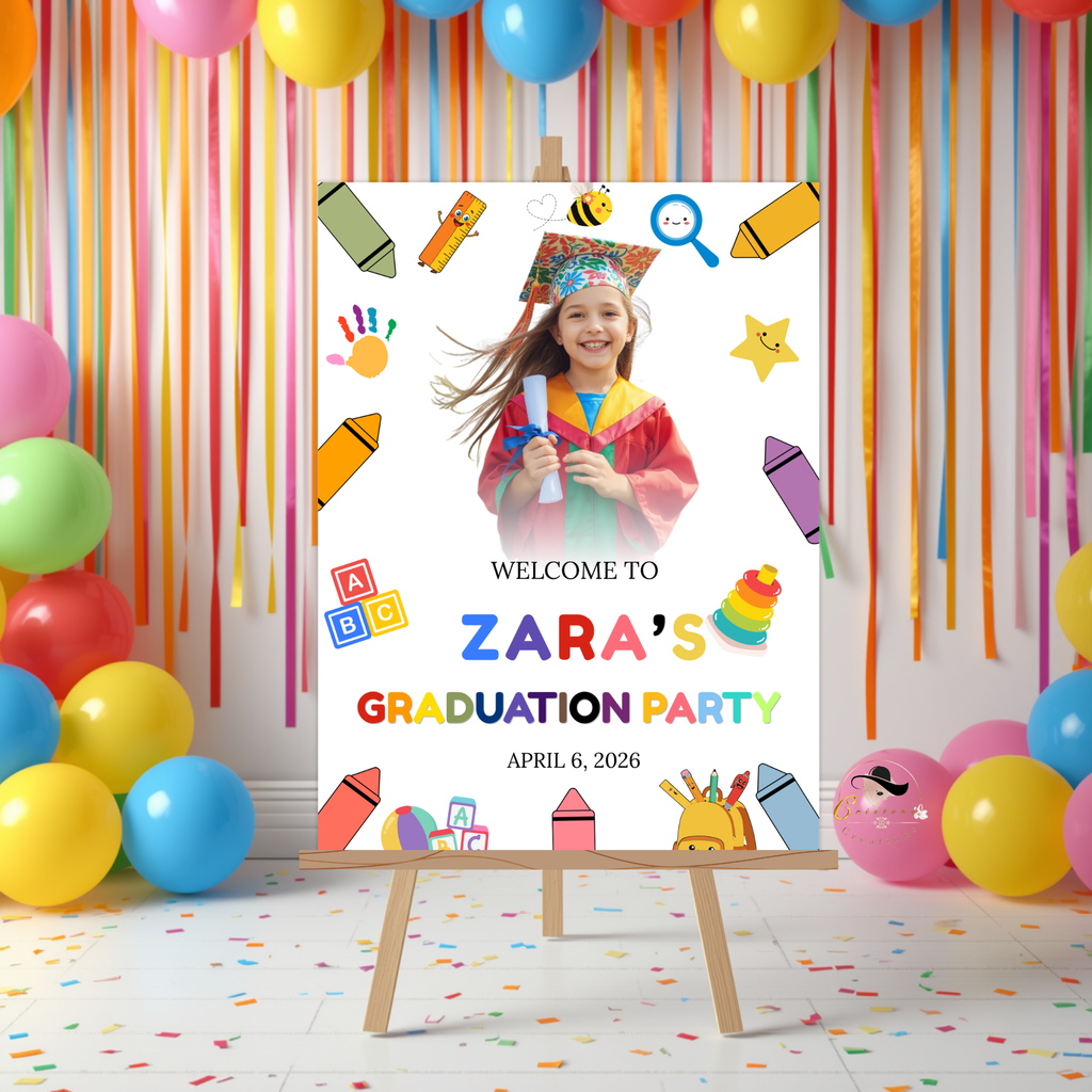 Preschool Graduation Welcome Sign with Photo, Kindergarten Kids Grad Poster Sign, Colorful Party Decor Canva Printable Template