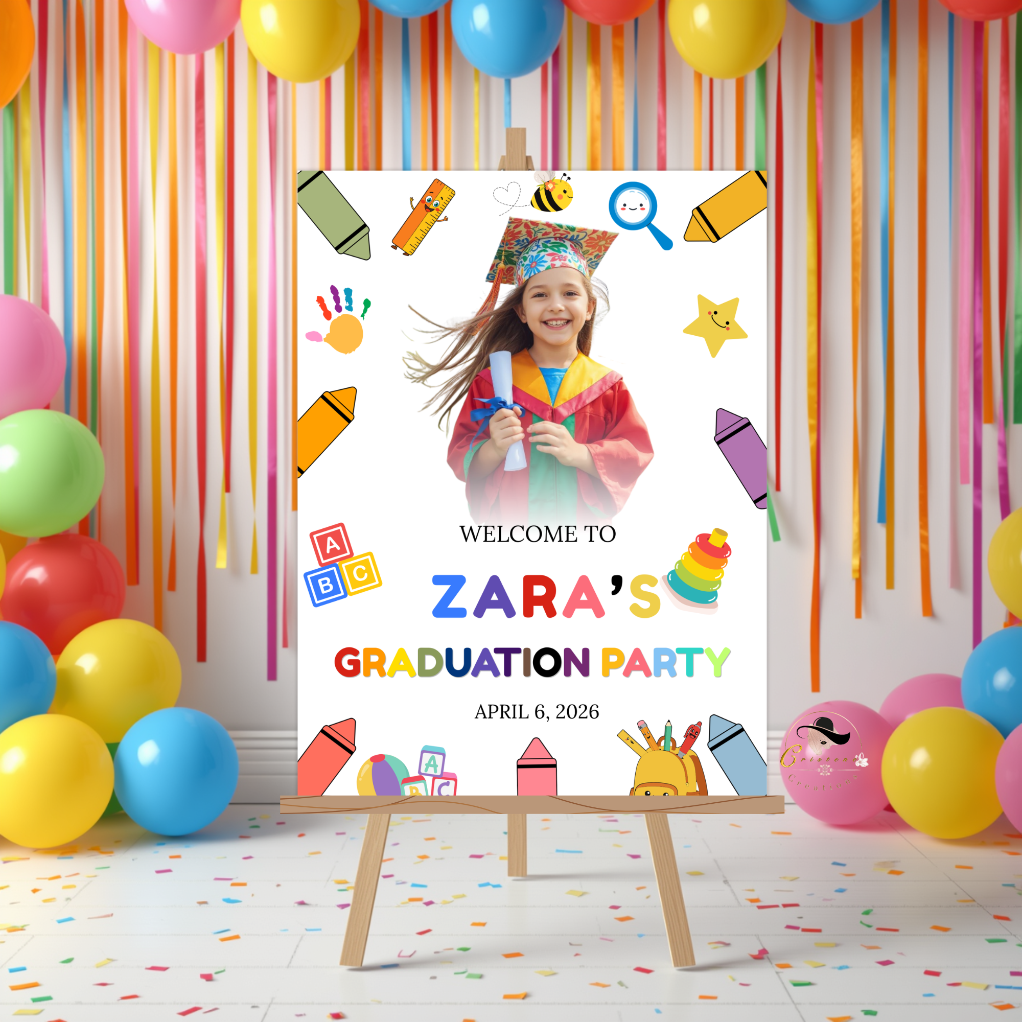 Preschool Graduation Welcome Sign with Photo, Kindergarten Kids Grad Poster Sign, Colorful Party Decor Canva Printable Template