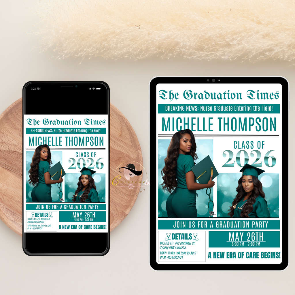 Newspaper Nurse Graduation Announcement Invitation, RN Pinning Ceremony with photo invite, LPN Nursing Graduates, BSN Green Flyer Template