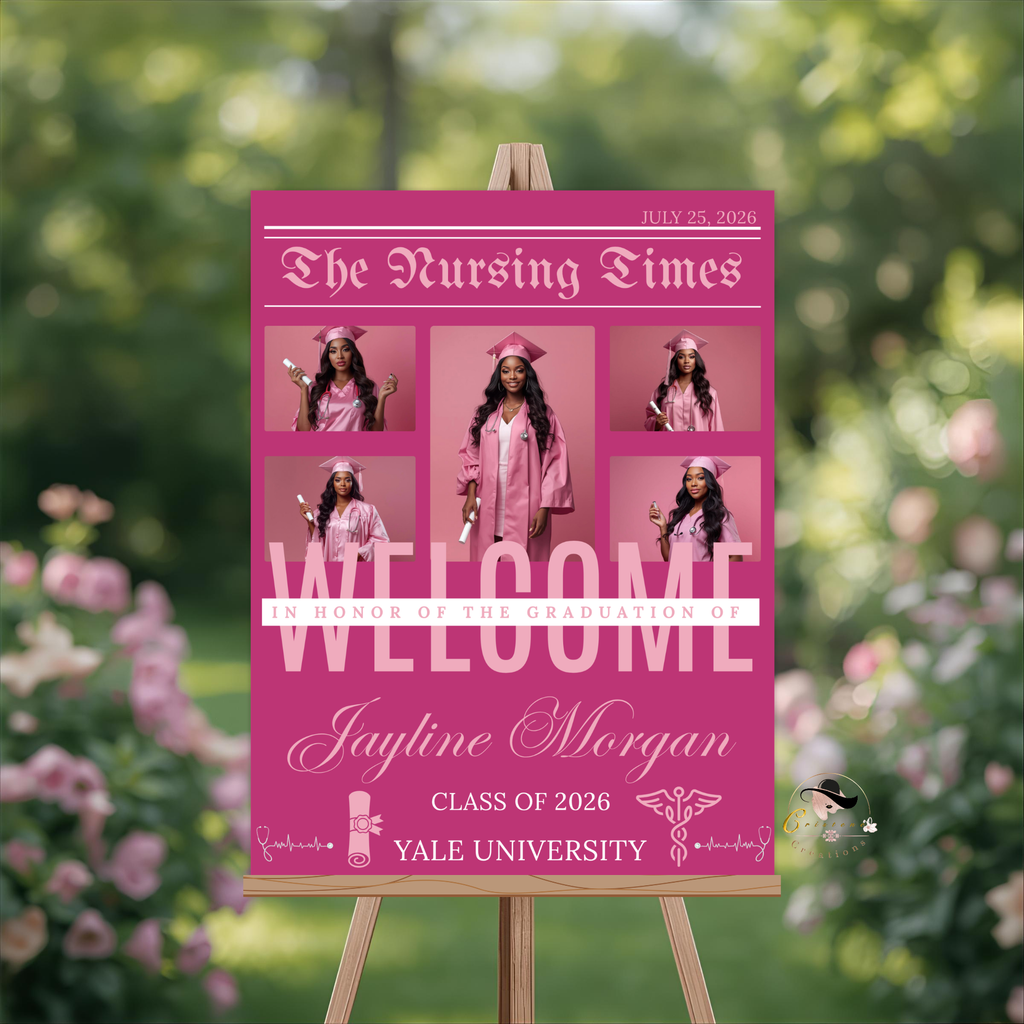 Pink Nursing Graduation Welcome Sign, Newspaper Style with Photo, RN BSN LPN Pinning Ceremony, Nurse Poster Board Sign, Printable Template
