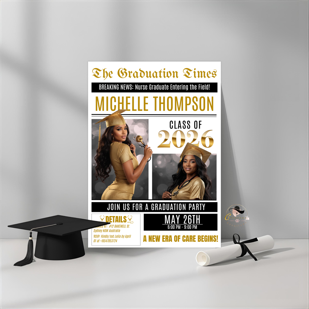 Black gold Newspaper Nurse Graduation Invitation, RN Pinning Ceremony with photo invite, Girl LPN Nursing Graduates, Boy BSN Flyer Template
