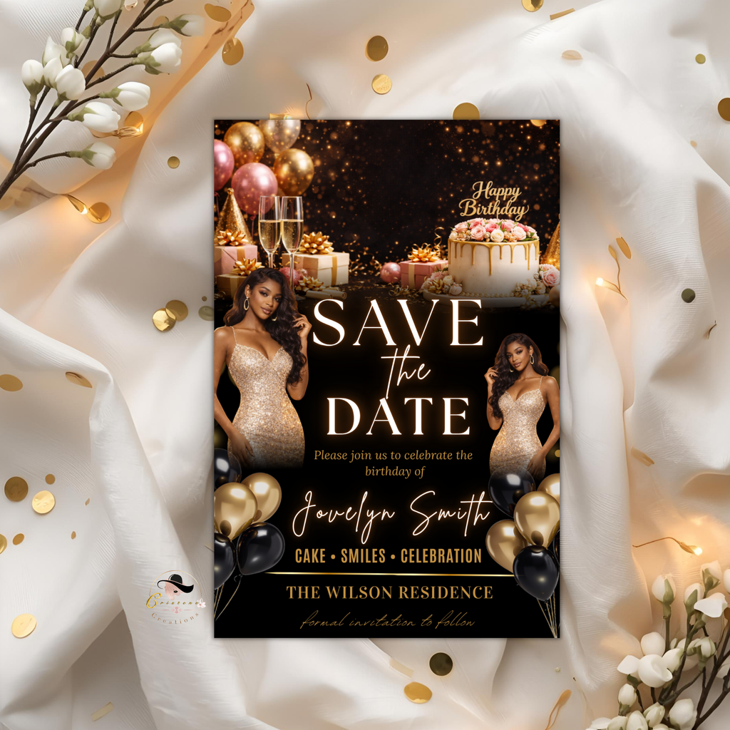 Black Gold Save the Date Invitation, Birthday Party Save Date with Photo, Elegant Dinner Event Invite, Printable Canva Digital Template