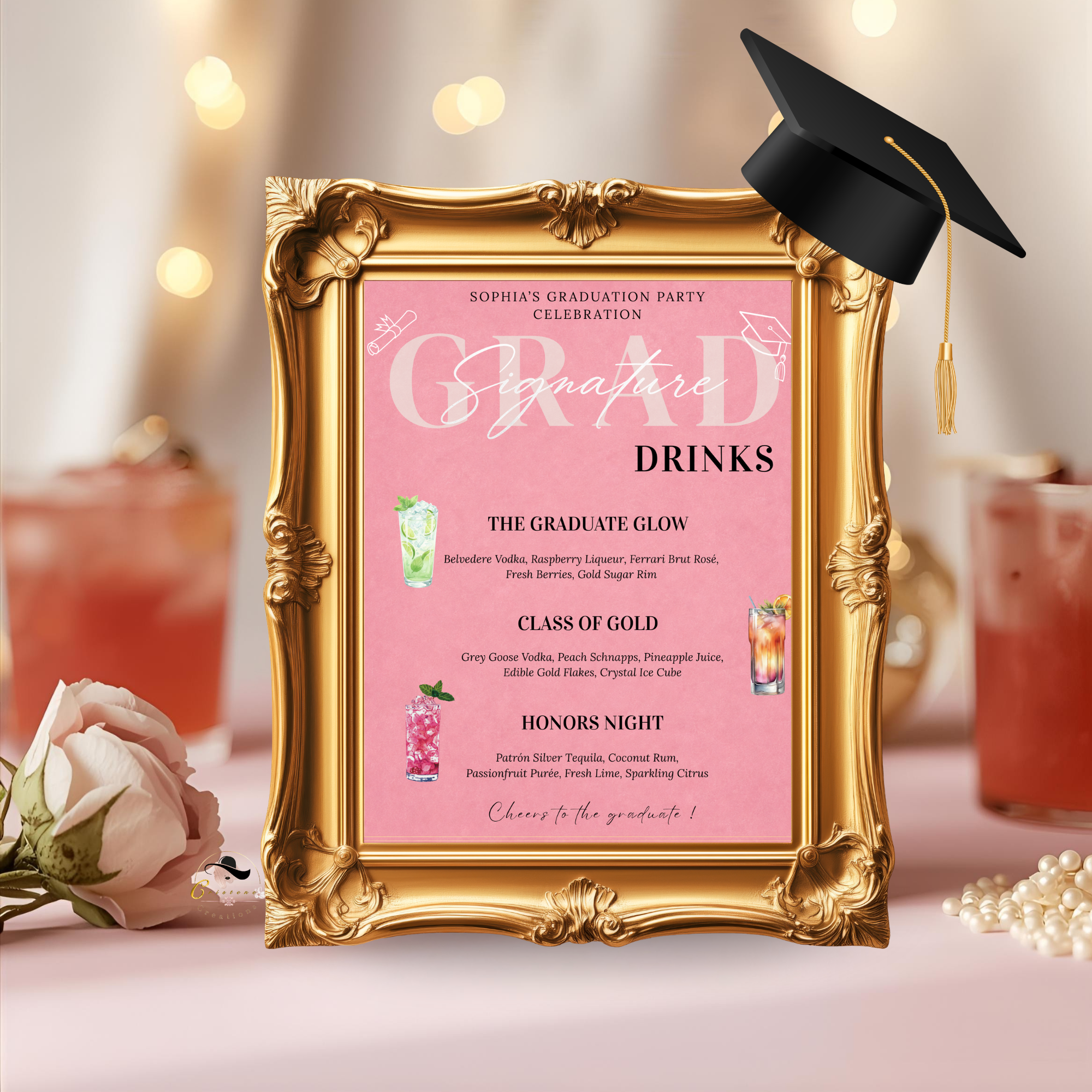 Pink Graduation Signature Drinks Menu Sign, Senior Grad Bar Menu Template for Her, Nurse Cocktail Menu, Class of 2026 Canva Printable