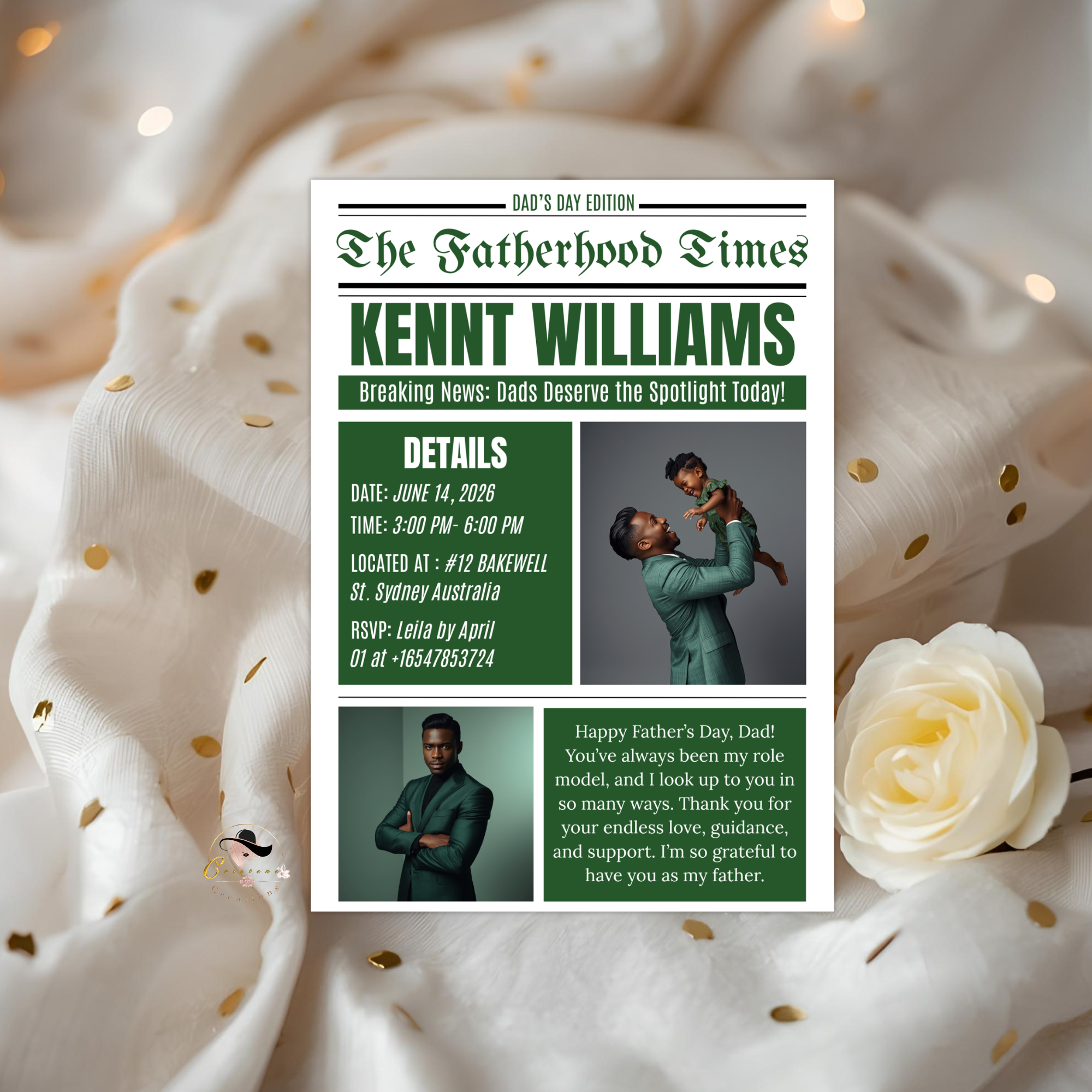Fathers Day Newspaper Invitation with Photo, Dad Celebration Party Invite, Brunch or Dinner Invite, Flyer Card, Editable Canva Template