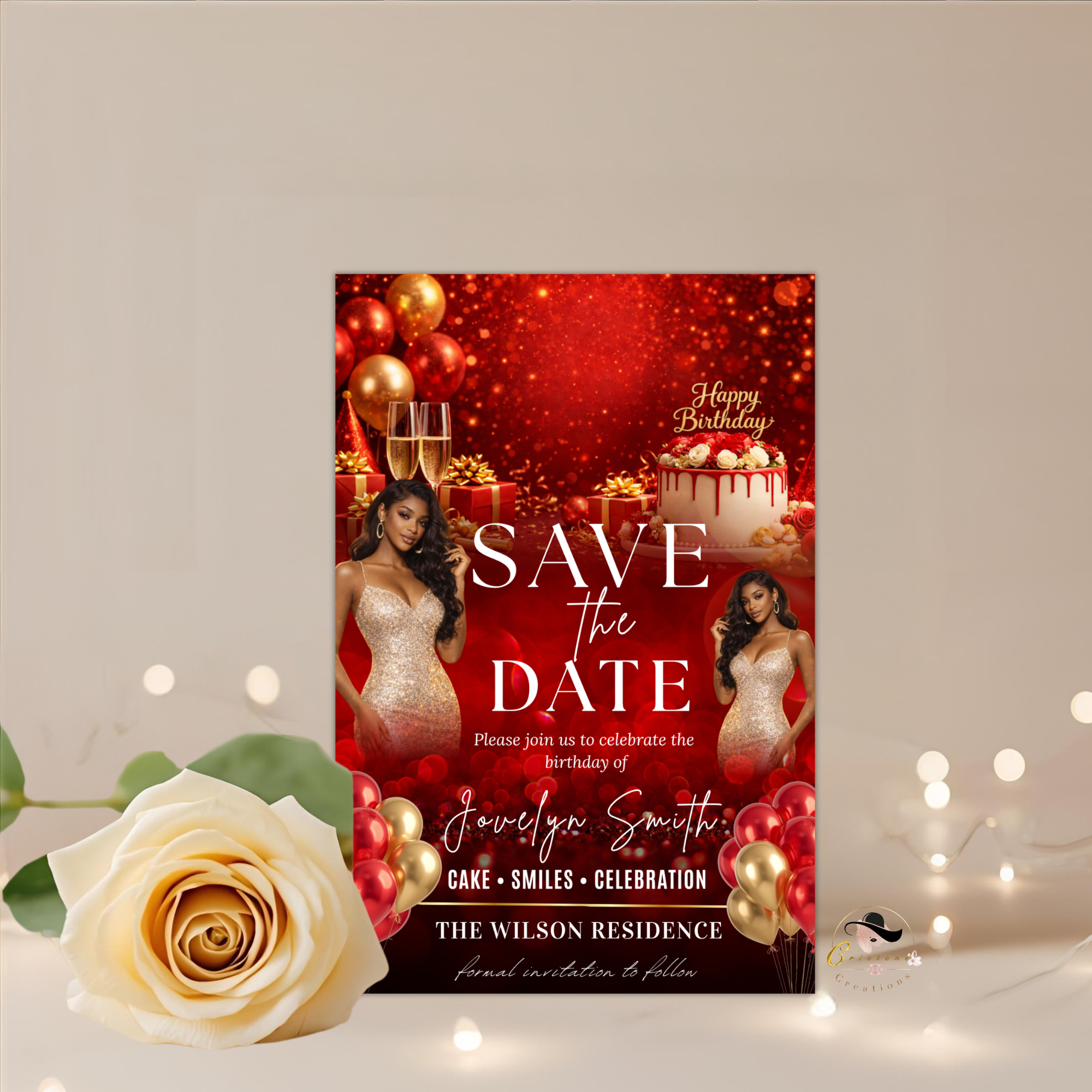 Save the Date Invitation, Save Date Birthday Party with photo Invite, Elegant Dinner Event Card, Red Gold Printable Digital Template