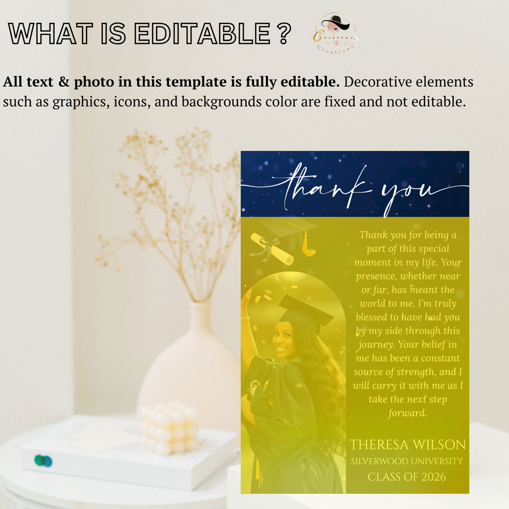 Blue Graduation Thank You Card with photo, Class of 2026 Grad Party Thank You Note For Him and Her, Editable Printable Digital Template