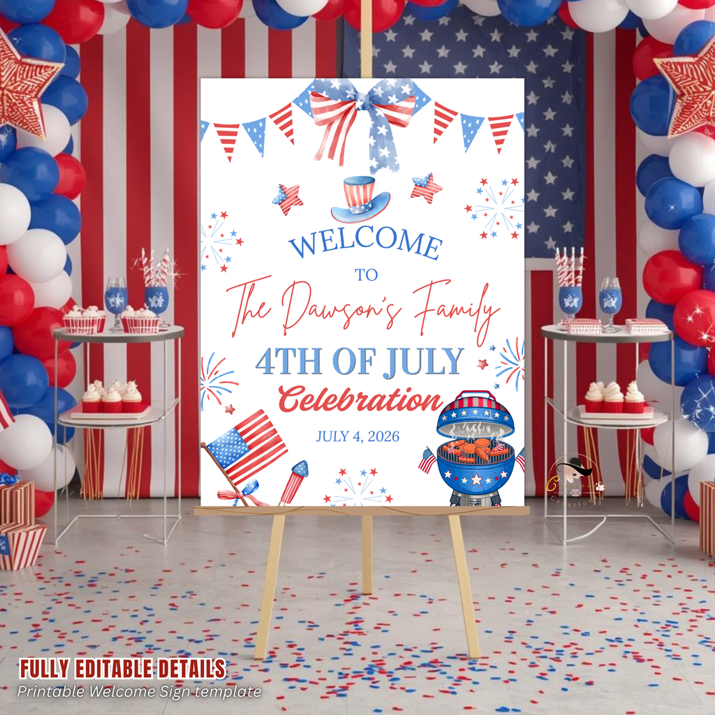 Fourth of July BBQ Welcome Party Sign, 4th of July Sign, USA Independence day, Patriotic Poster Sign, Red White Blue, Digital template