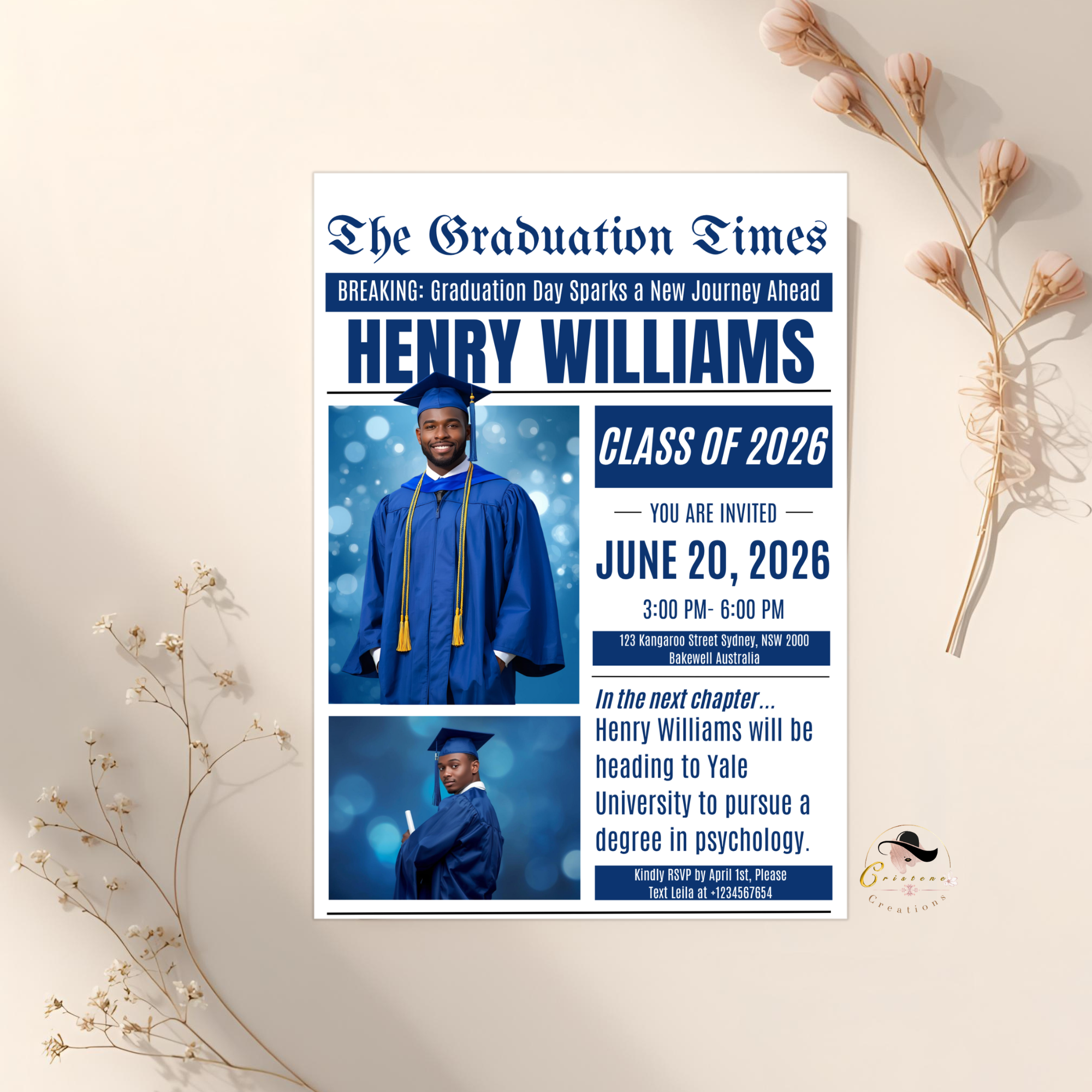 Senior Graduation Invitation with Photo, Newspaper Style High School Grad Announcement Invite for Him, Class of 2026 Editable Canva Template