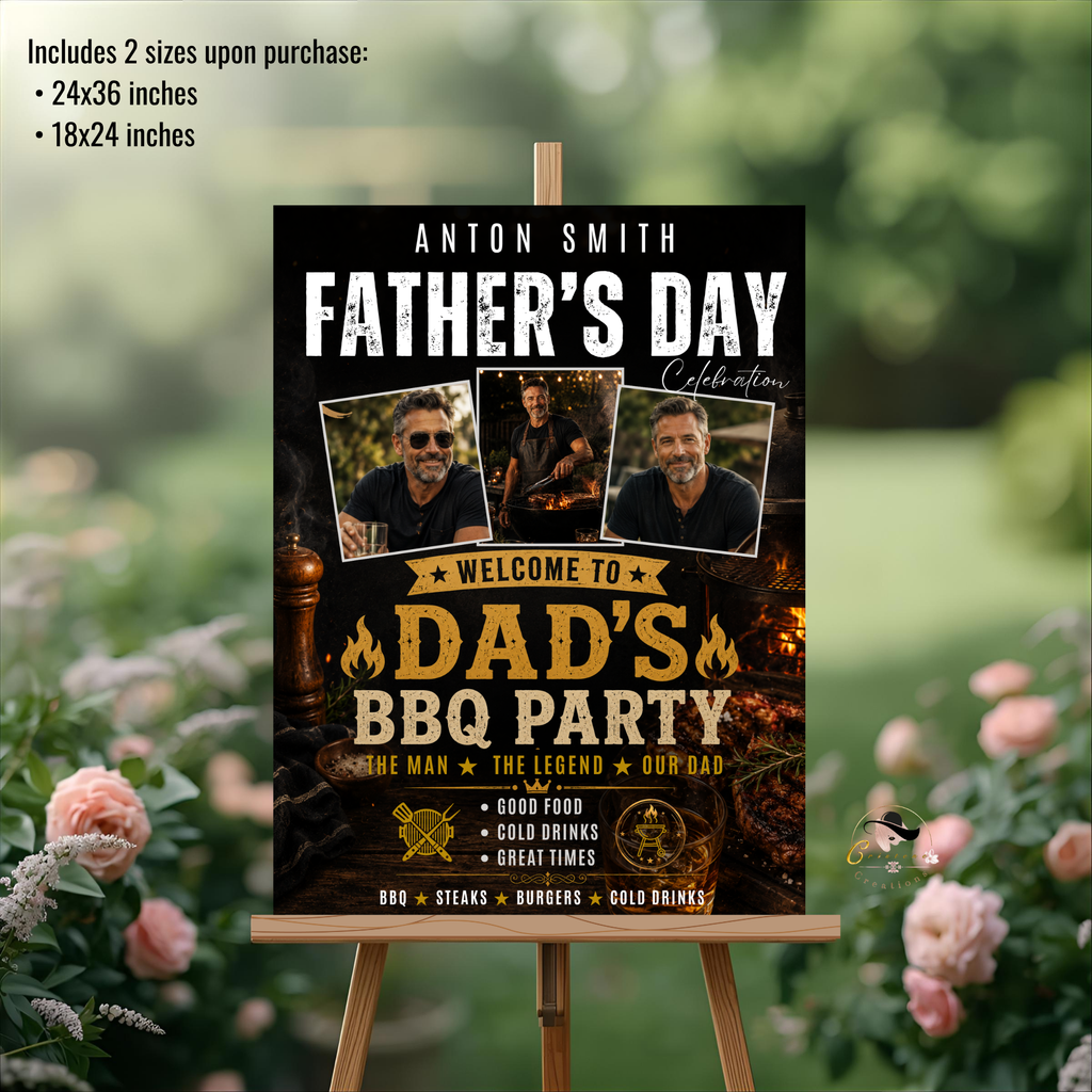 Father’s Day BBQ Party Welcome Sign with photo, Dad Barbecue Cookout Poster Sign, Backyard Grill Summer Pool Party, Printable Canva Template