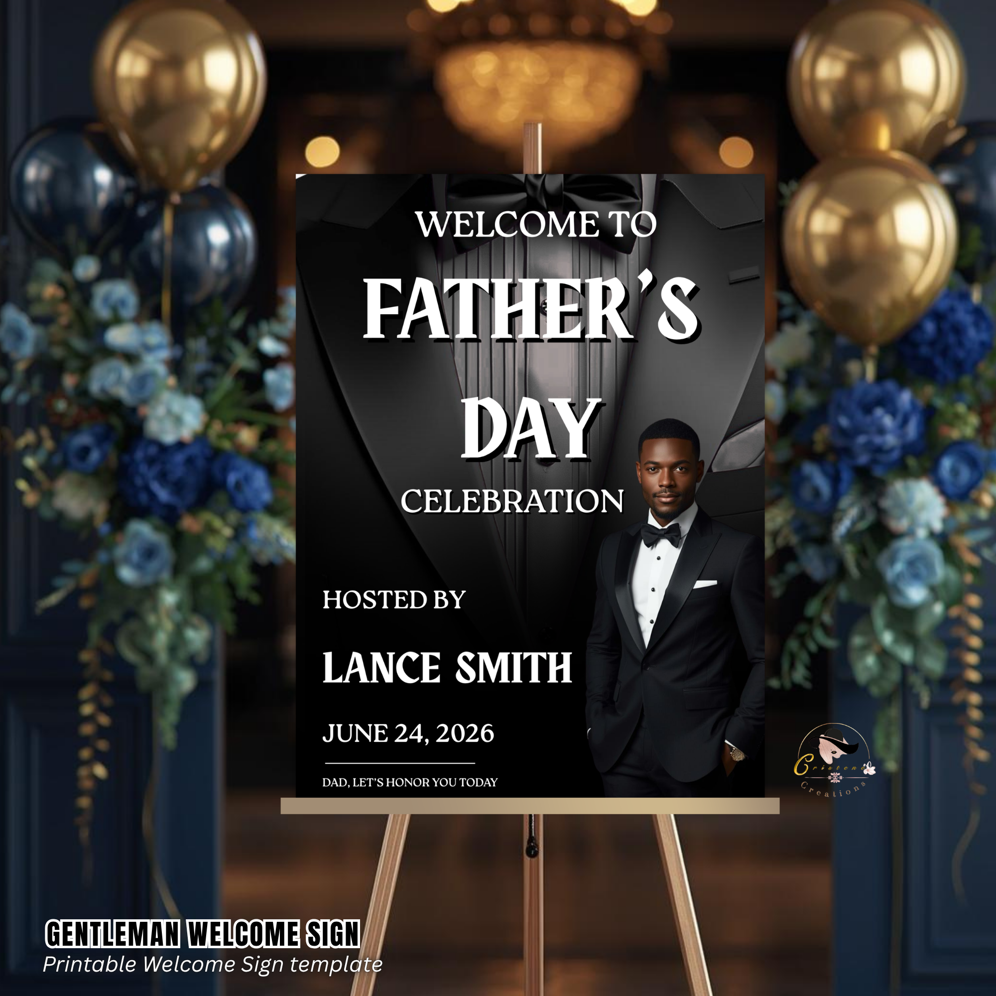 Fathers Day Welcome Sign with Photo, Tuxedo Gentleman Party Sign, Male Poster Sign, Birthday Retirement, Black Printable Editable Template