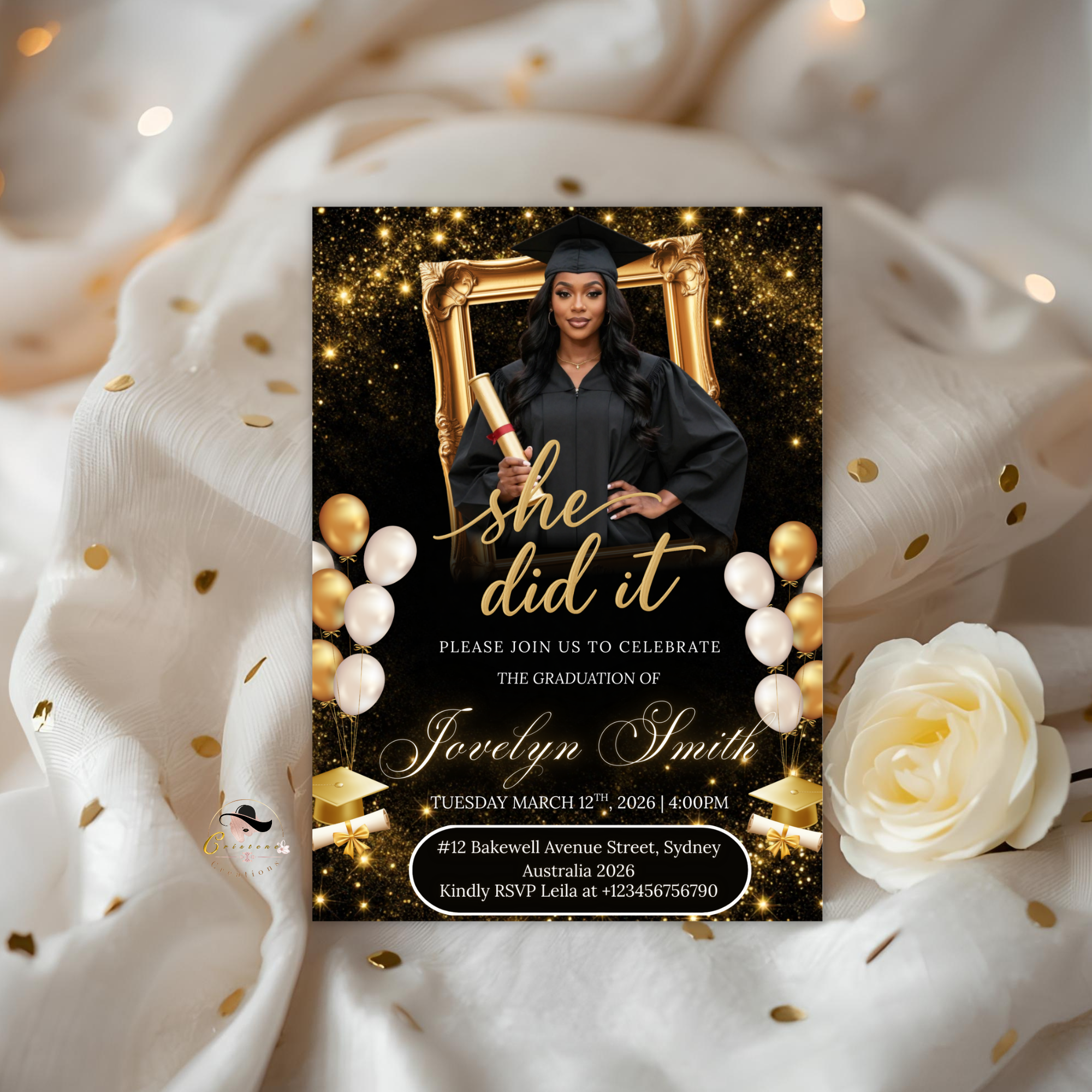 Black Gold Graduation Announcement Invitation, She Did It invite, Senior Grad Party with photo invite, Digital Printable Template