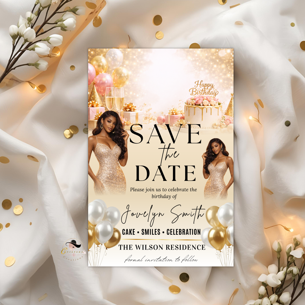 Save the Date Birthday Invitation, White Gold Save Date Party with photo Invite, Elegant Brunch Event Card, Printable Digital Template