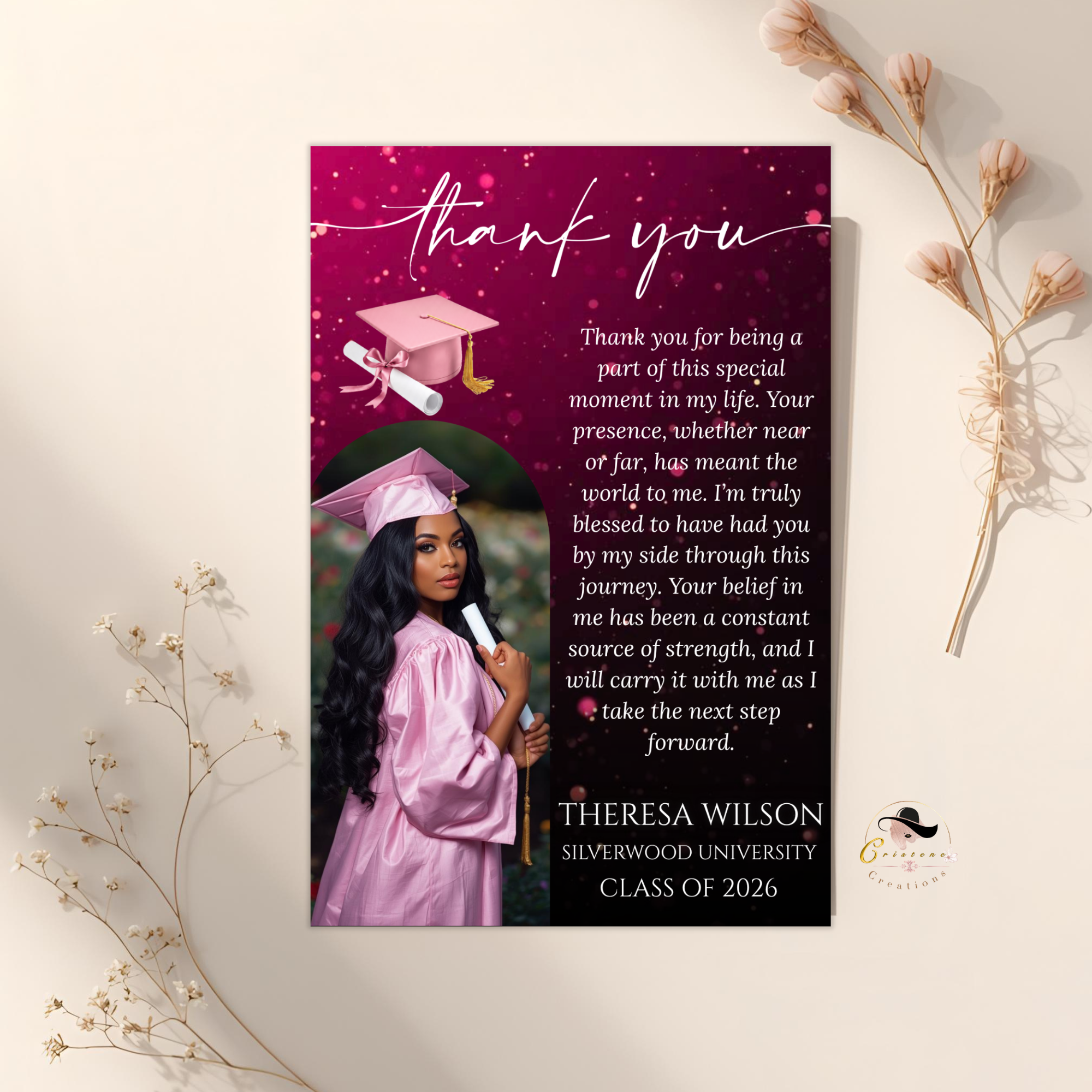 Pink Graduation Thank You Card with Photo, Class of 2026 Grad Party Thank You Note for Her, Graduates Editable Printable Digital Template