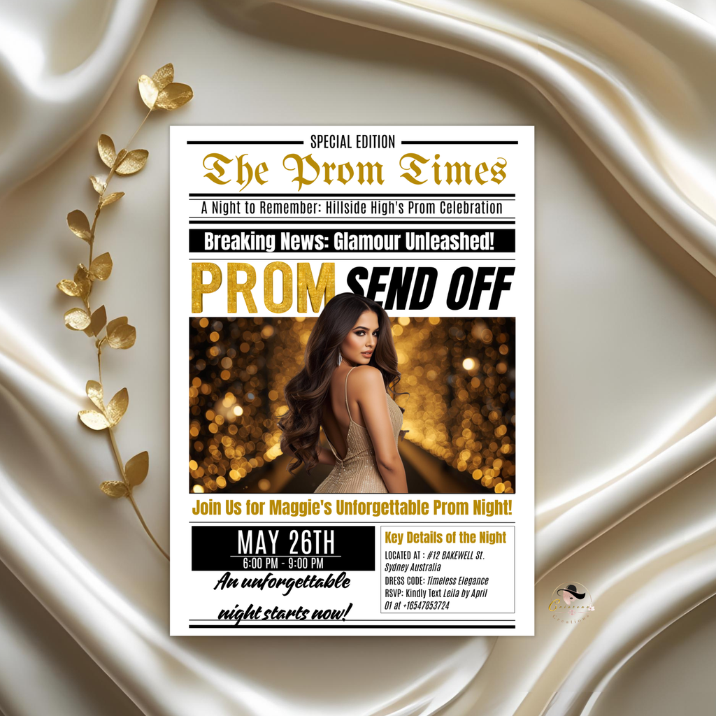 Newspaper Prom Send Off Invitation, Black Gold Prom Queen with photo invite, Teen Girl Prom Night Party Flyer, Digital Printable Template