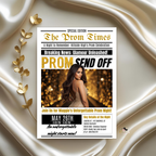 Newspaper Prom Send Off Invitation, Black Gold Prom Queen with photo invite, Teen Girl Prom Night Party Flyer, Digital Printable Template